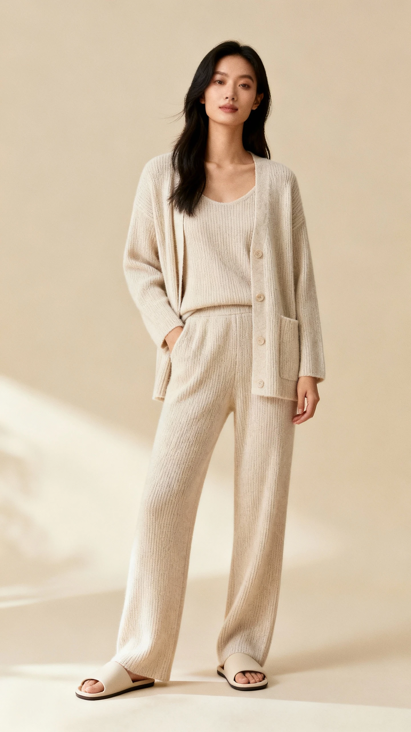 Fashion photo of a woman in a coordinated weekend knit set (soft cardigan and matching knit pants) with minimalist slides, beige background, studio lighting, serene posture, clean composition, spa-day ease.
