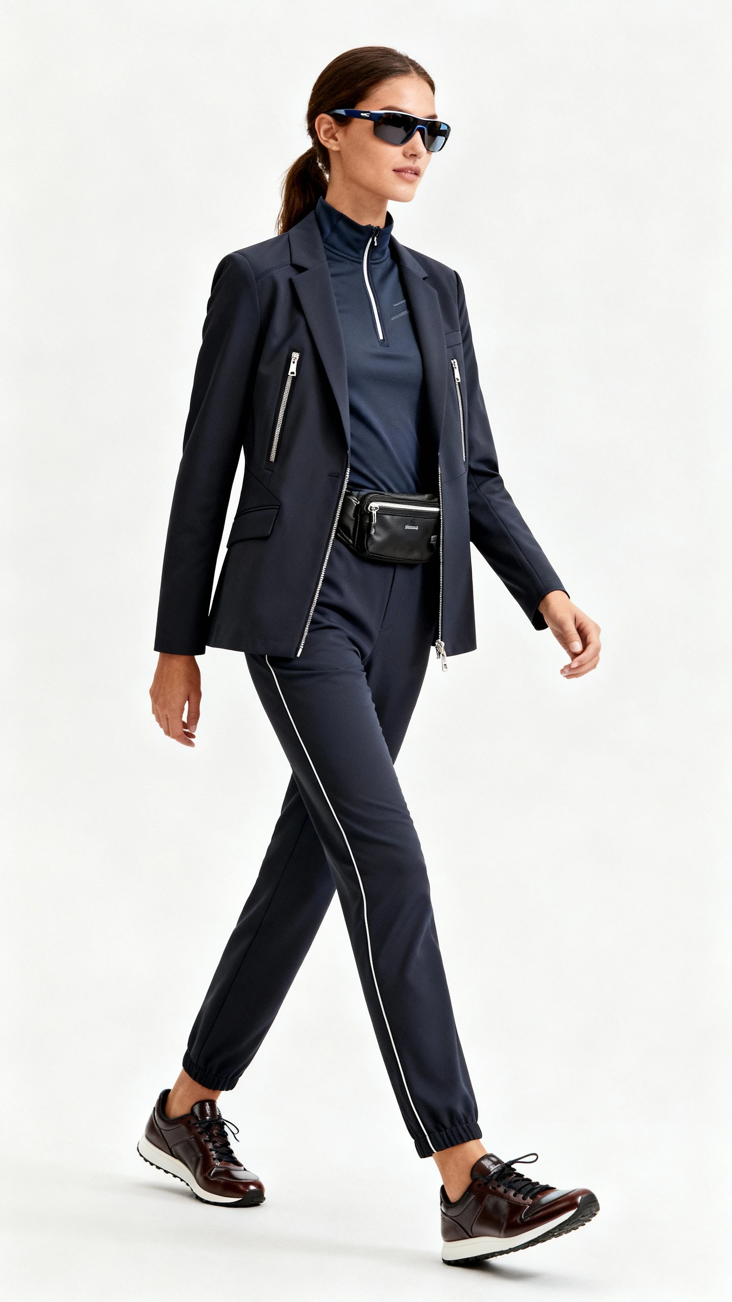 Fashion photo of a woman wearing a technical-fabric blazer with zip closures, trousers with subtle contrast piping, a performance mock-neck top, sleek leather sneakers, a belt bag, and modern sporty sunglasses; neutral white background, studio lighting, slight walking motion, clean composition.