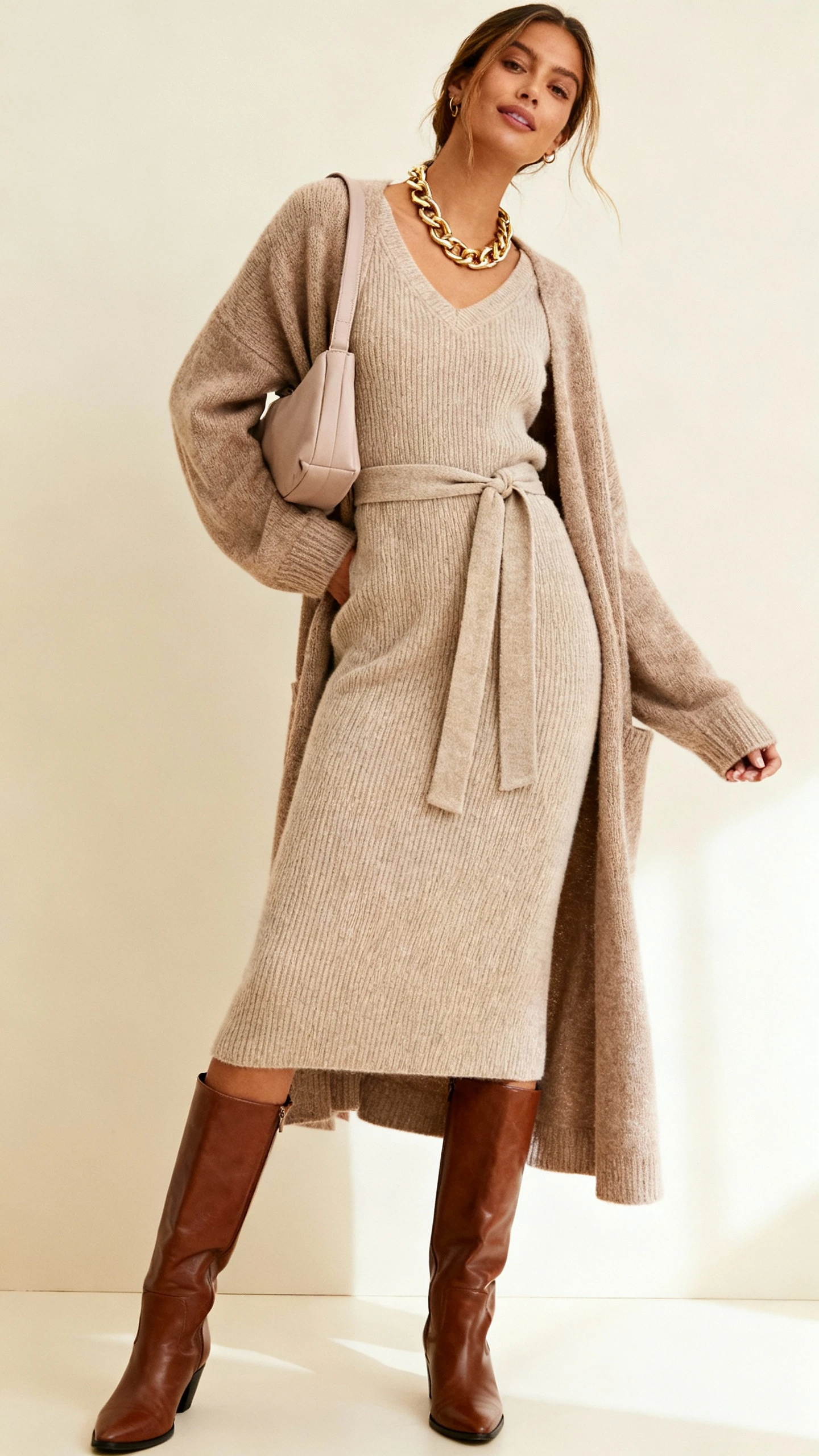 Fashion studio portrait of a woman in a luxe knit midi dress with a matching duster cardigan, leather knee-high boots, a soft shoulder bag, a chunky chain necklace, and an optional waist tie; cream background, studio lighting, relaxed pose, clean composition.