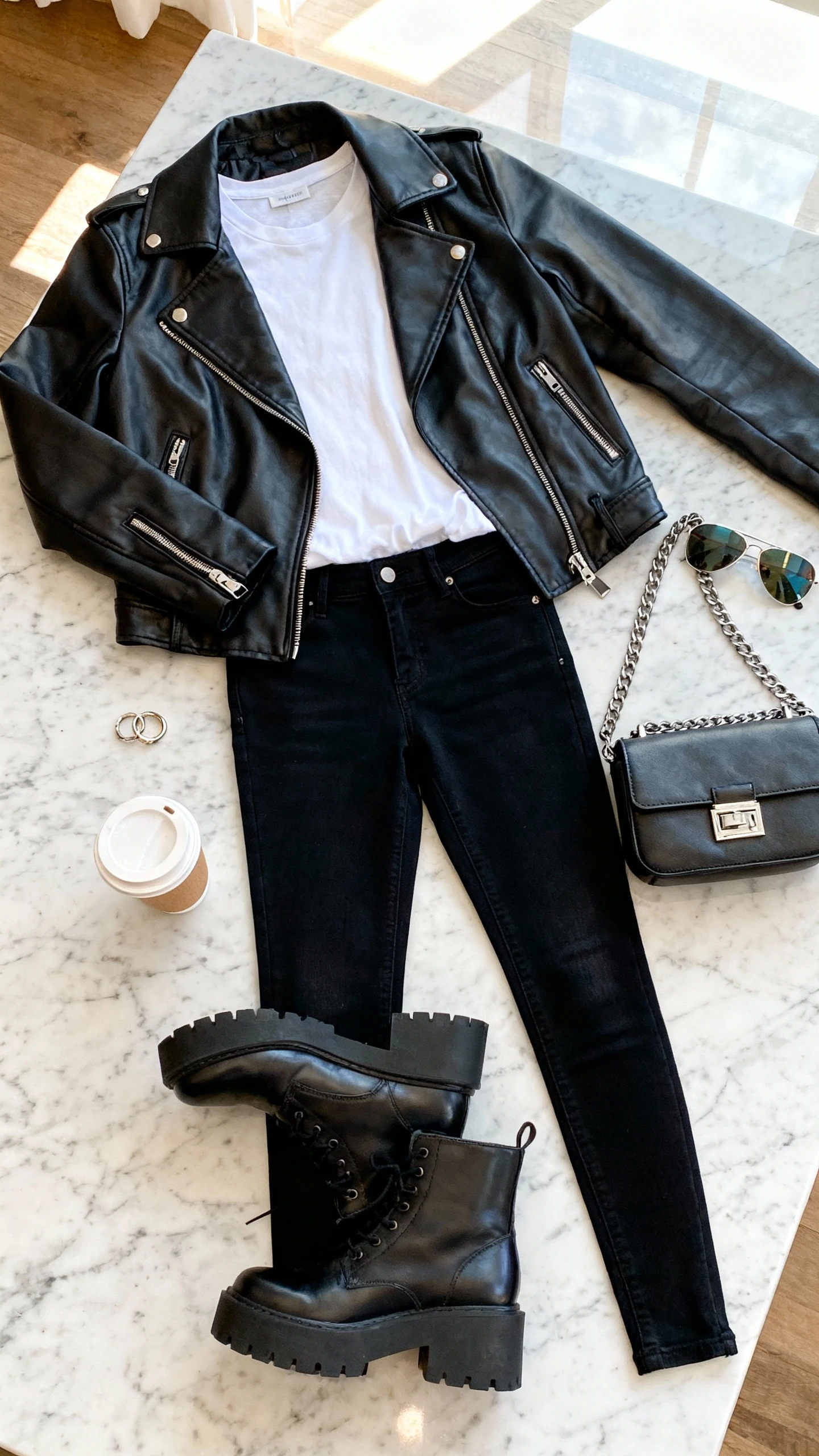Flat lay overhead of a black leather moto jacket, white tee, black skinny jeans, chunky boots, chain-strap mini bag, and aviator sunglasses on a marble countertop; minimal ring stack and takeaway coffee as props, bright natural light, no person visible, organized composition, iPhone photo aesthetic.