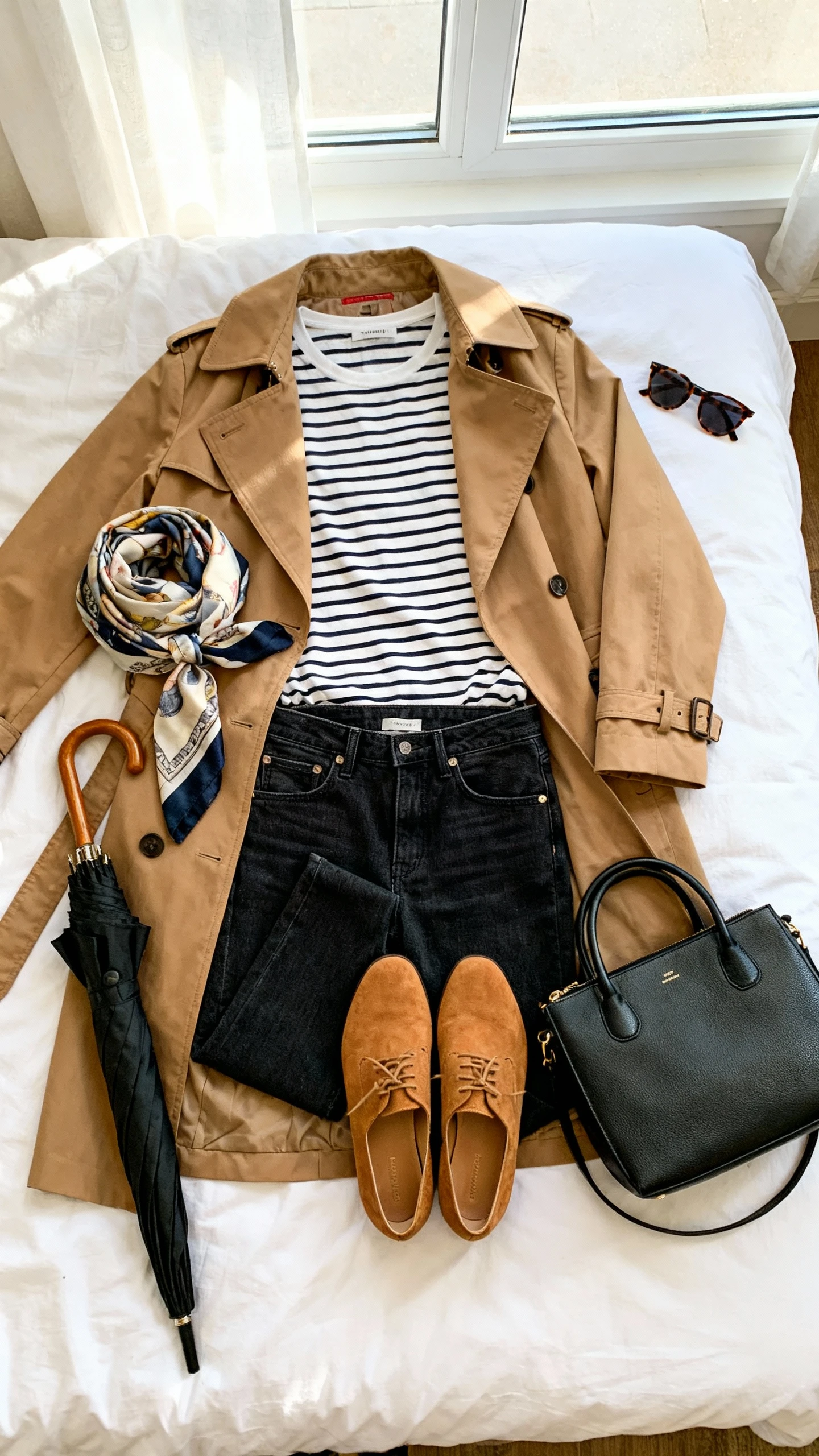 Flat lay overhead of a camel trench coat, striped Breton tee, dark wash jeans, tan loafers, black umbrella, and a structured satchel on a white bed; folded silk scarf and sunglasses as props, bright natural window light, no person visible, clean organized composition, iPhone photo aesthetic.