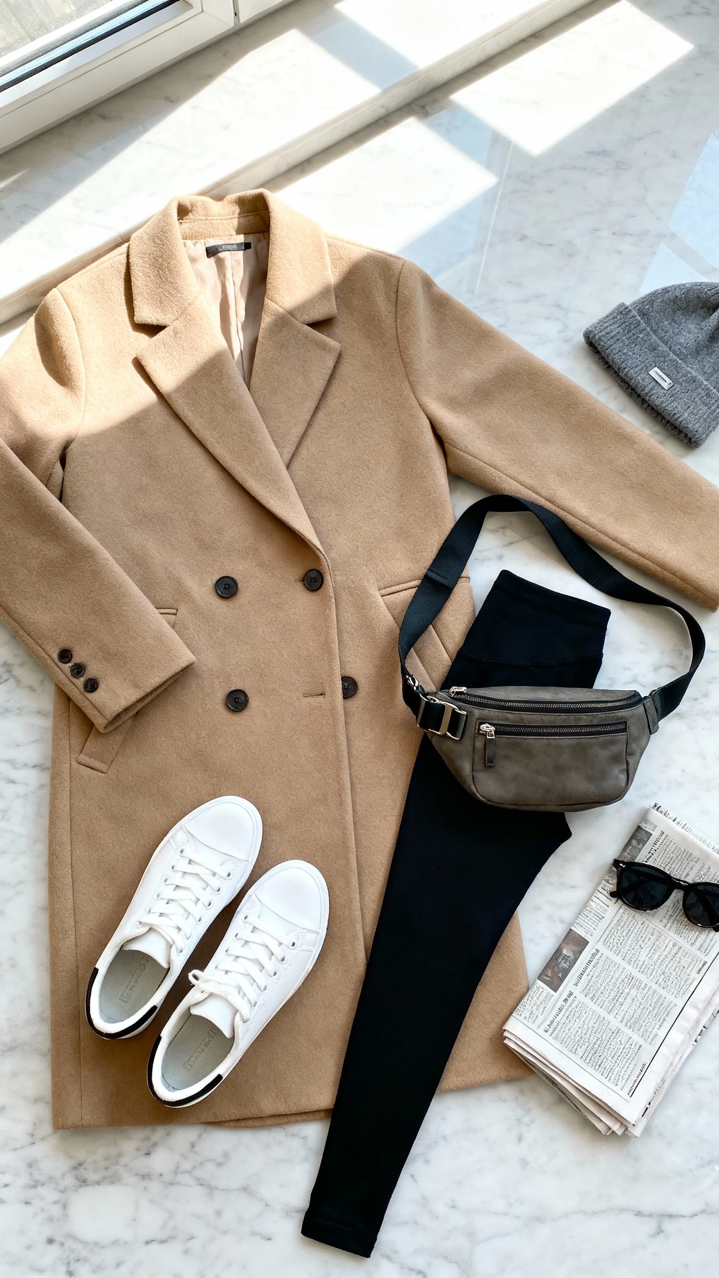 Flat lay overhead of a minimalist coat in sand, white low-profile sneakers, black leggings, gray beanie, and a crossbody belt bag on a marble surface; sunglasses and a folded newspaper as props, bright natural window light, no person visible, clean organized composition, iPhone photo aesthetic.