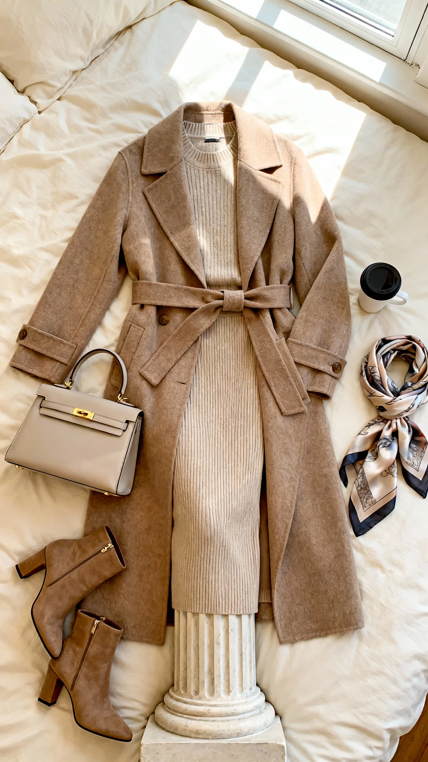 Flat lay overhead view of a belted coat layered over a column base (matching knit top and slim skirt), heeled ankle boots, and a refined handbag on a cream bed; add a silk scarf and a coffee cup, bright natural window light, no person visible, organized composition, iPhone photo aesthetic.