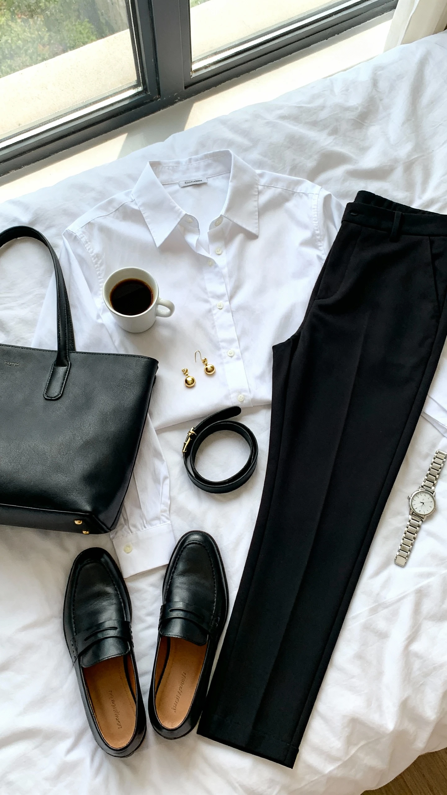 Flat lay overhead view of a crisp white button-up shirt, slim black trousers, black loafers, structured black tote, delicate gold stud earrings, and a slim black belt arranged on a white bedspread; small coffee cup and silver watch as props, bright natural window light, no person visible, organized composition, iPhone photo aesthetic.