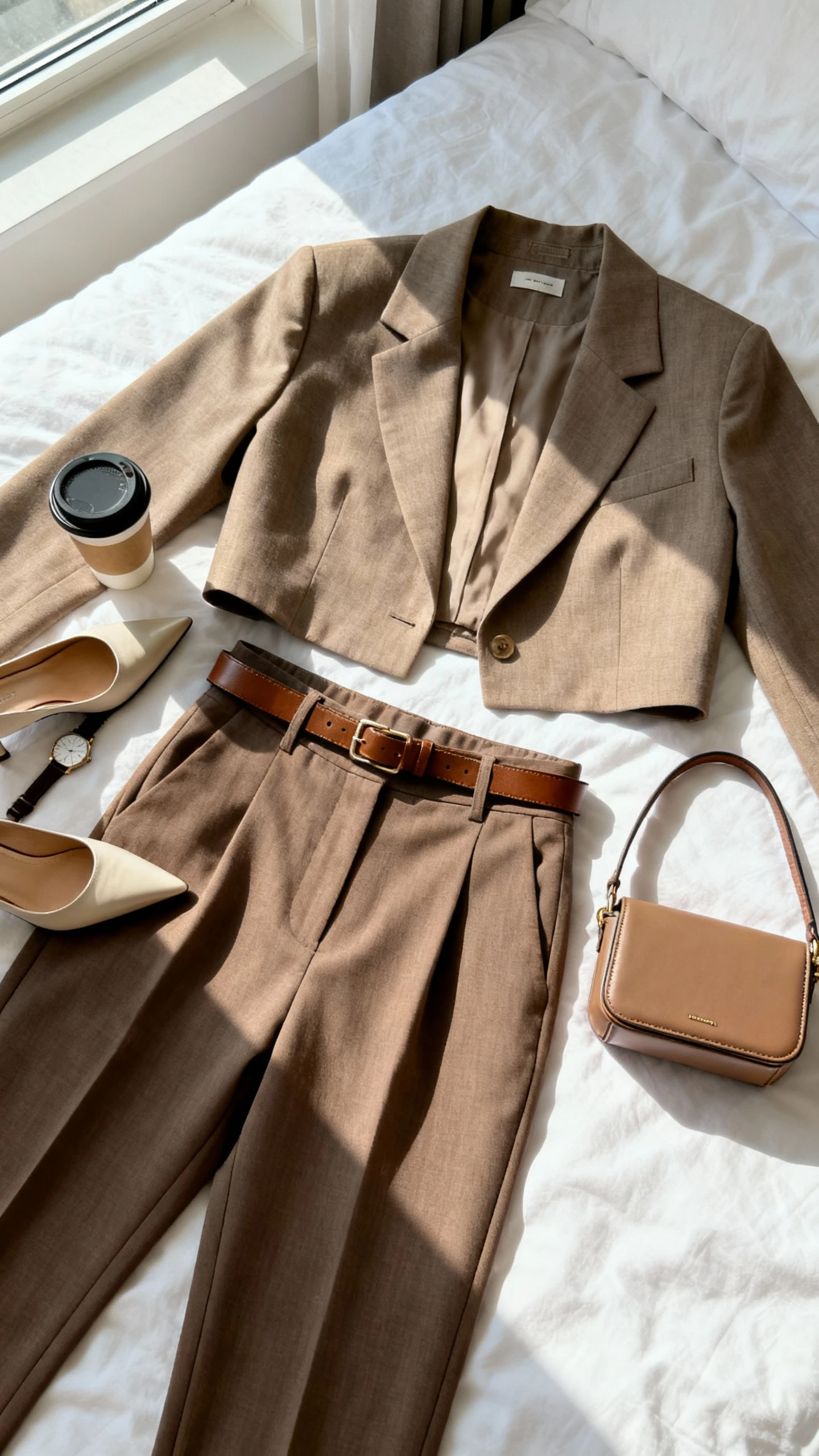 Flat lay overhead view of a cropped blazer, high-waist tailored trousers, slim leather belt, pointed-toe heels, and a structured mini bag arranged on a white bedspread; add a coffee cup and watch as props, bright natural window light, no person visible, organized composition, iPhone photo aesthetic.