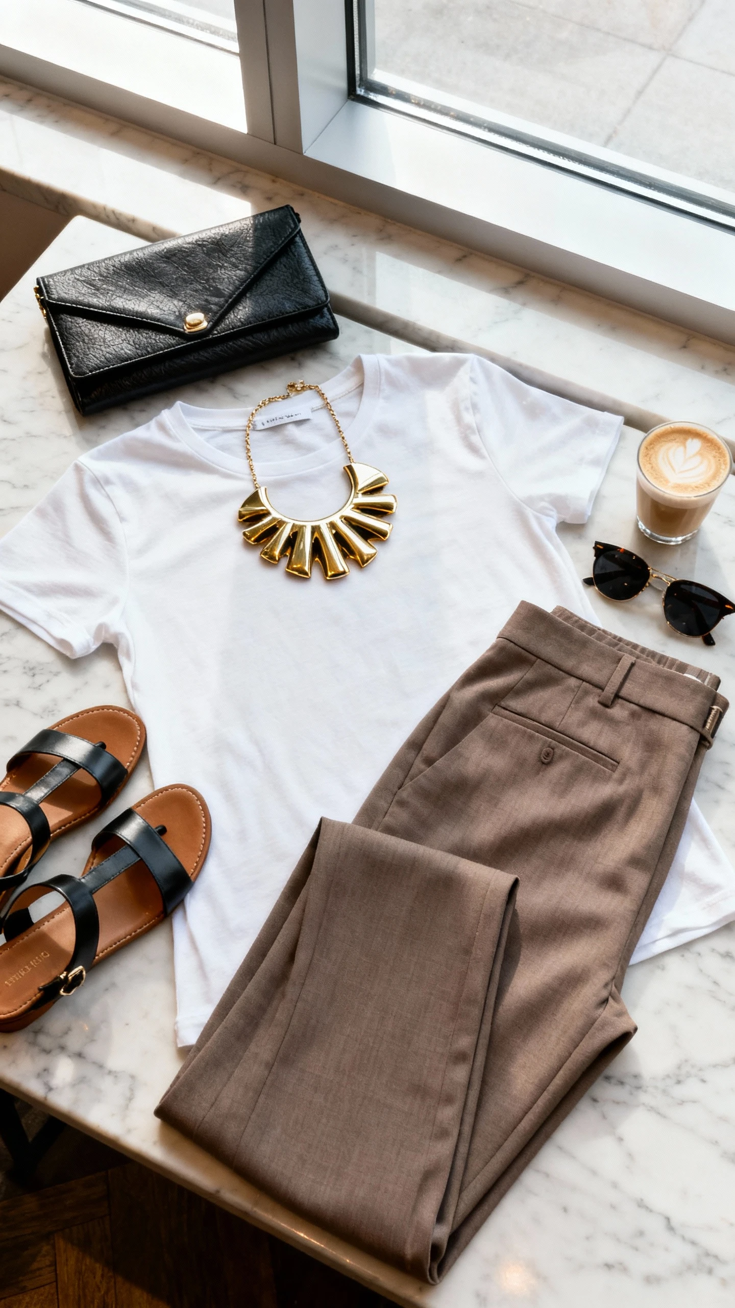 Flat lay overhead view of a minimal base: plain tee and tailored trousers, plus one statement piece (bold sculptural necklace), sleek sandals, and a clutch on a marble counter; add sunglasses and a latte, bright natural window light, no person visible, organized composition, iPhone photo aesthetic.