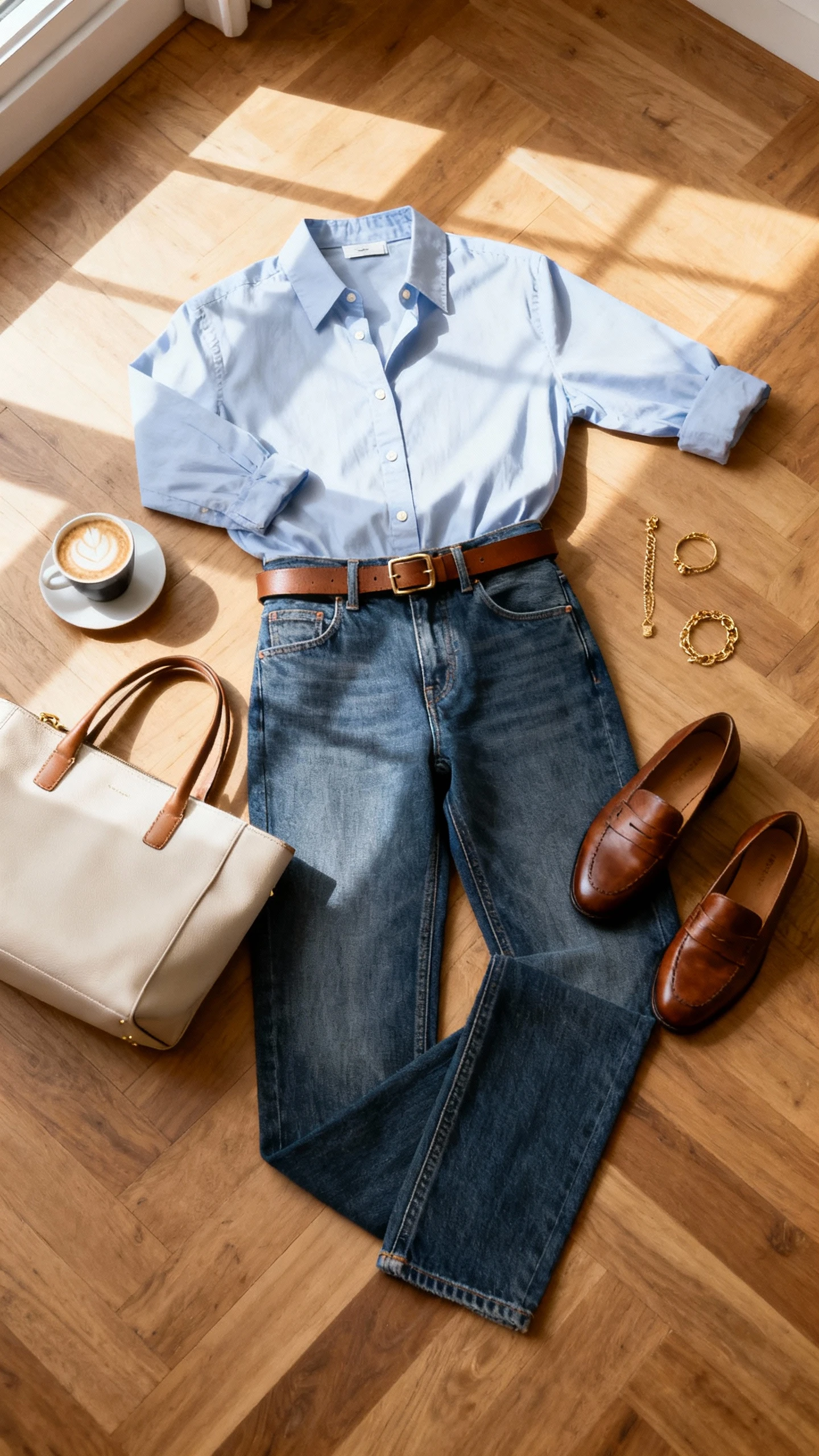 Flat lay overhead view of a tailored button-down shirt, straight-leg jeans, leather loafers, minimal belt, and a classic tote on a wooden floor; add delicate gold jewelry and a cappuccino, bright natural window light, no person visible, clean organized composition, iPhone photo aesthetic.