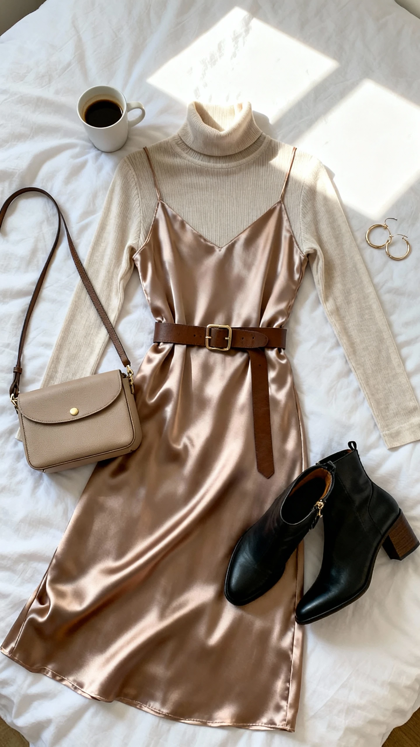 Flat lay overhead view of a thin turtleneck layered with a satin slip dress, waist belt, ankle boots, and a compact shoulder bag on a white bed; add a coffee cup and hoop earrings, bright natural window light, no person visible, organized composition, iPhone photo aesthetic.