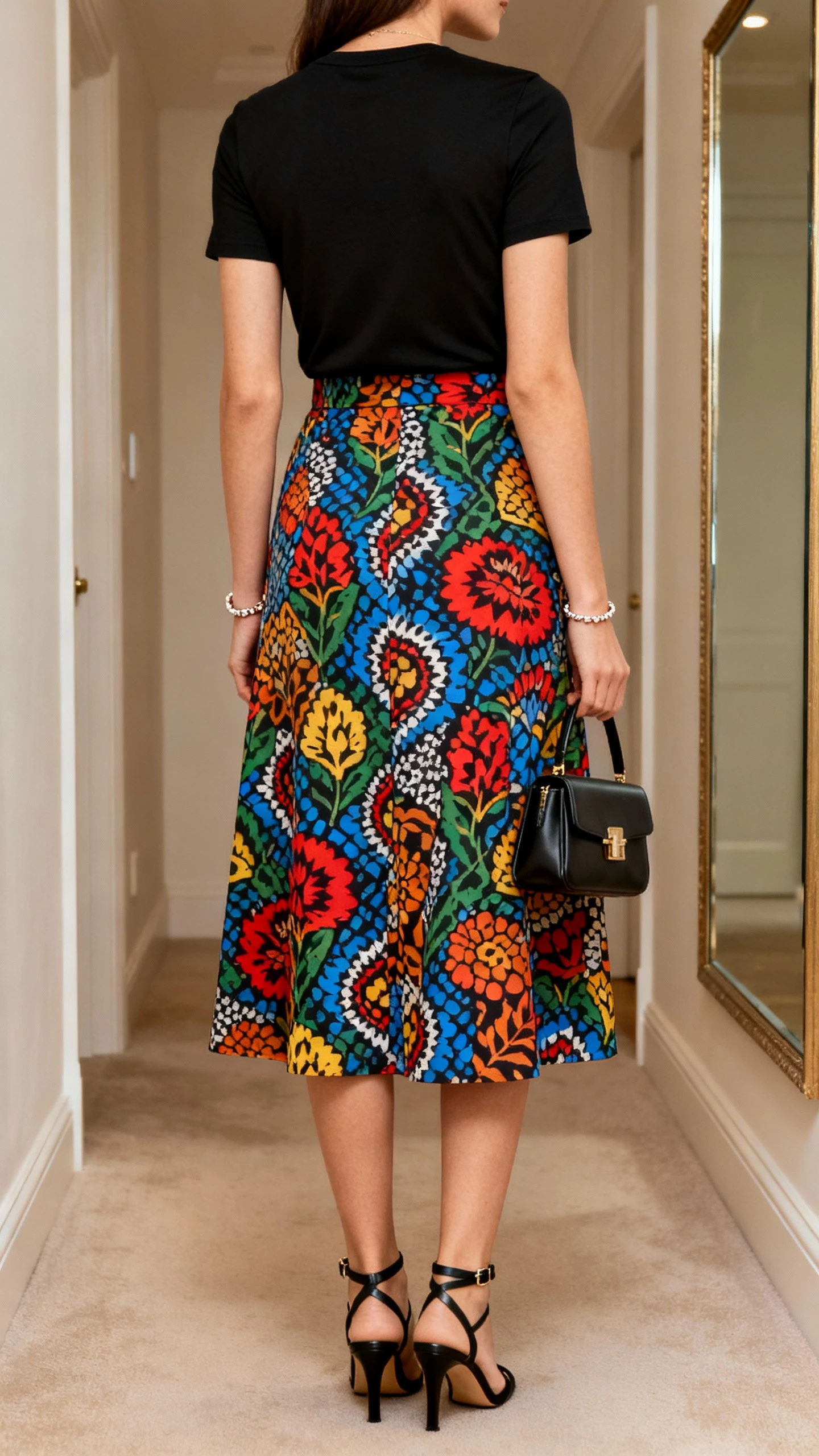 iPhone back view of a woman wearing a statement midi skirt (bold print) with a fitted black tee, ankle-strap heels, structured mini bag, delicate bracelet, face not visible, hallway mirror, soft indoor lighting, iPhone photo quality.