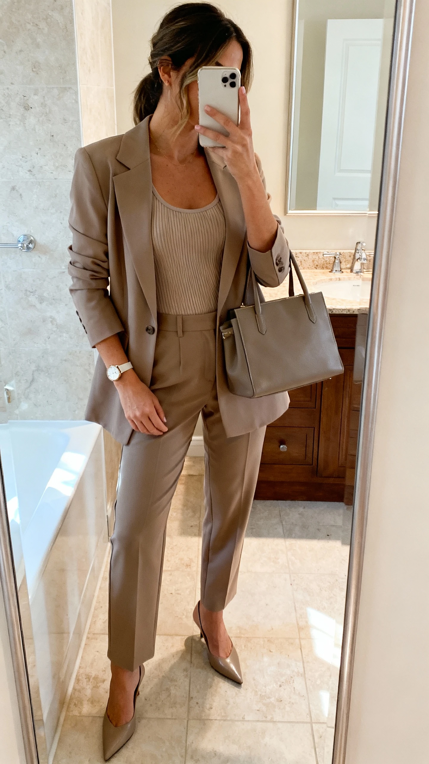 iPhone side-angle mirror selfie of a woman in a matching power blazer and tailored trousers set with a fitted ribbed tank, pointed-toe heels, structured tote, subtle watch, face not visible, bathroom full-length mirror, indoor morning light, iPhone photo quality.