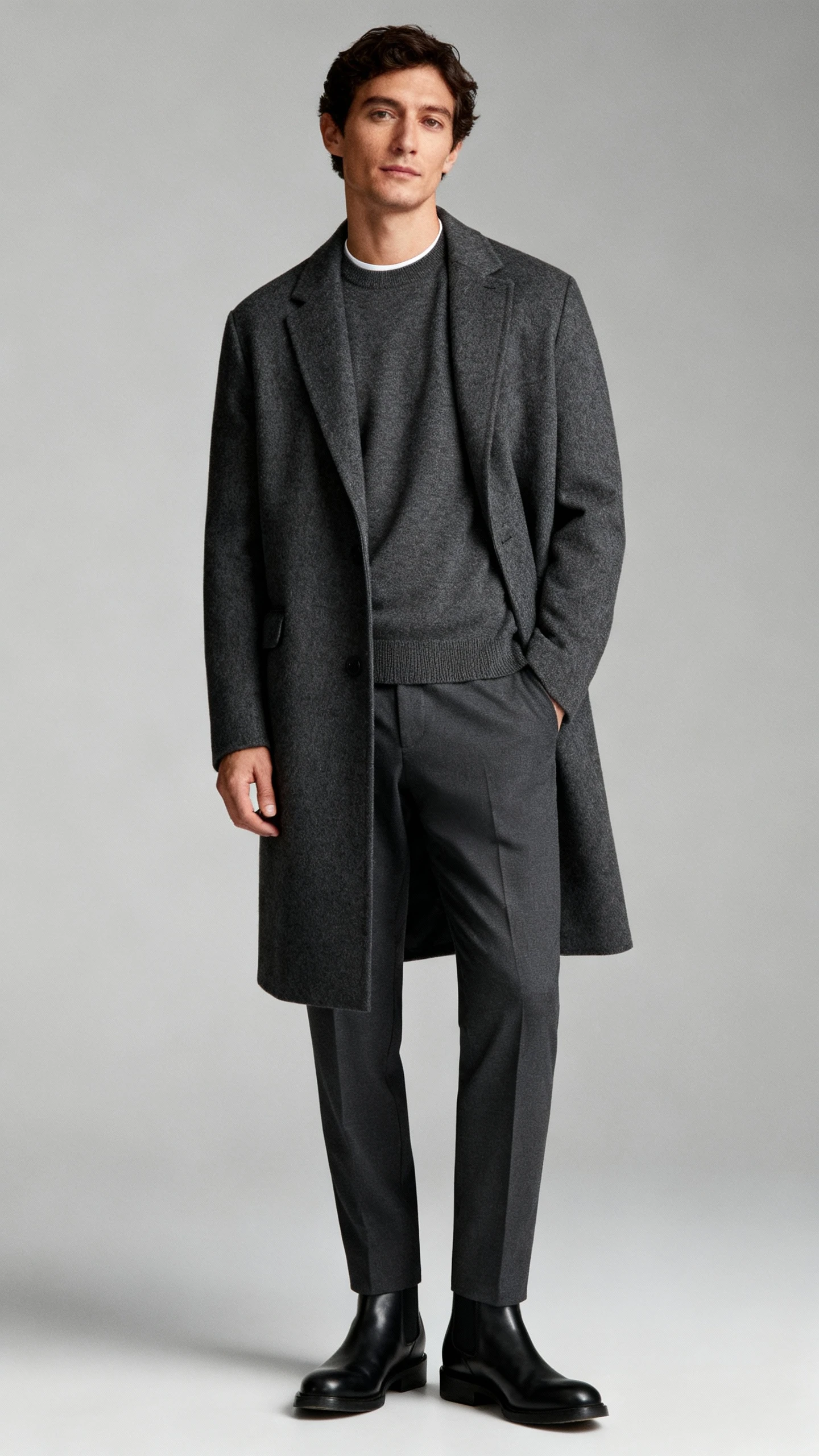 Minimalist studio portrait of a man wearing layered charcoal pieces: wool overcoat, merino crewneck, tailored trousers, and sleek black Chelsea boots; neutral gray background, soft studio lighting, calm natural pose, clean composition, modern.