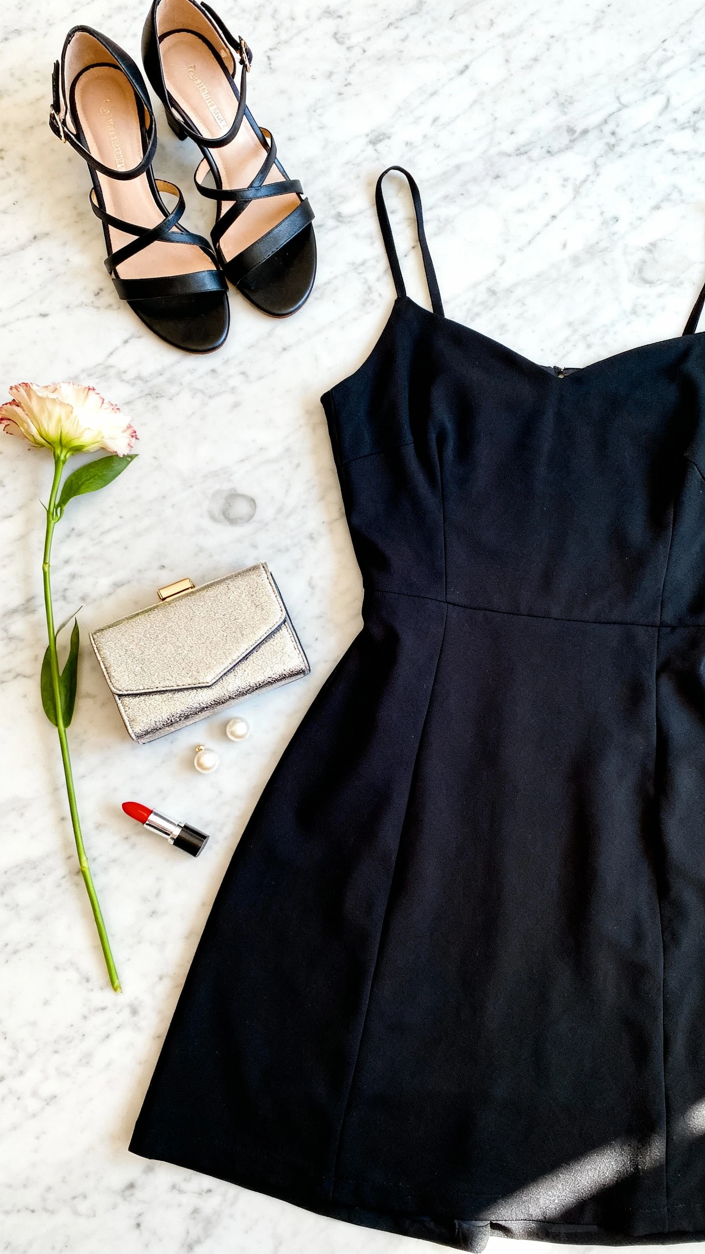 Overhead flat lay of a classic little black dress, black strappy heels, compact clutch, pearl studs, and a red lipstick placed on a marble countertop; a single stem flower as prop, bright natural light, no person visible, organized composition, iPhone photo aesthetic.