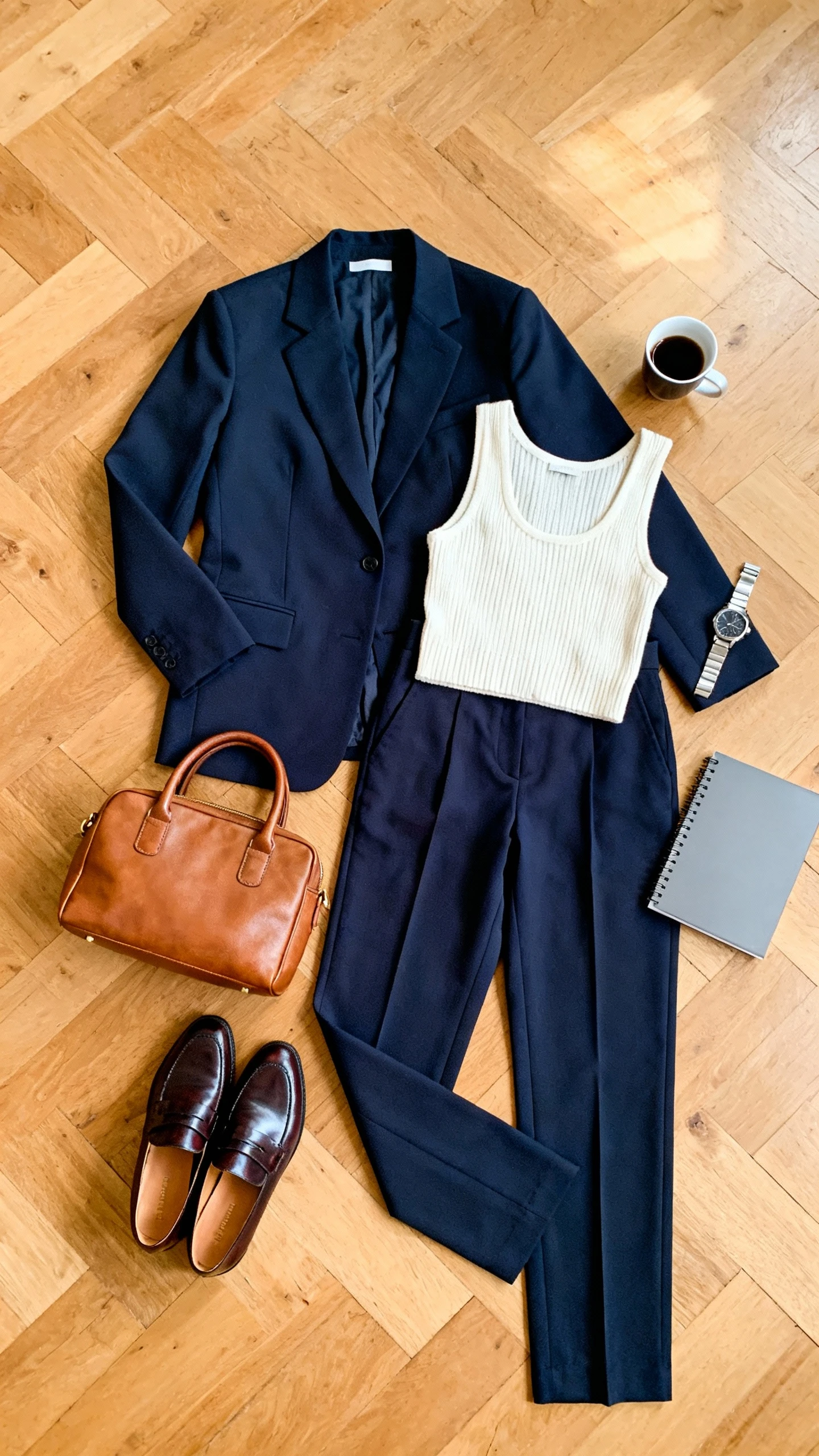 Overhead flat lay of a sharp matching trouser set (single-breasted blazer and straight-leg trousers in deep navy), cream knit tank, polished loafers, leather top-handle bag, and a sleek notebook on a wooden floor; stainless watch and espresso cup as props, bright natural light, no person visible, organized composition, iPhone photo aesthetic.