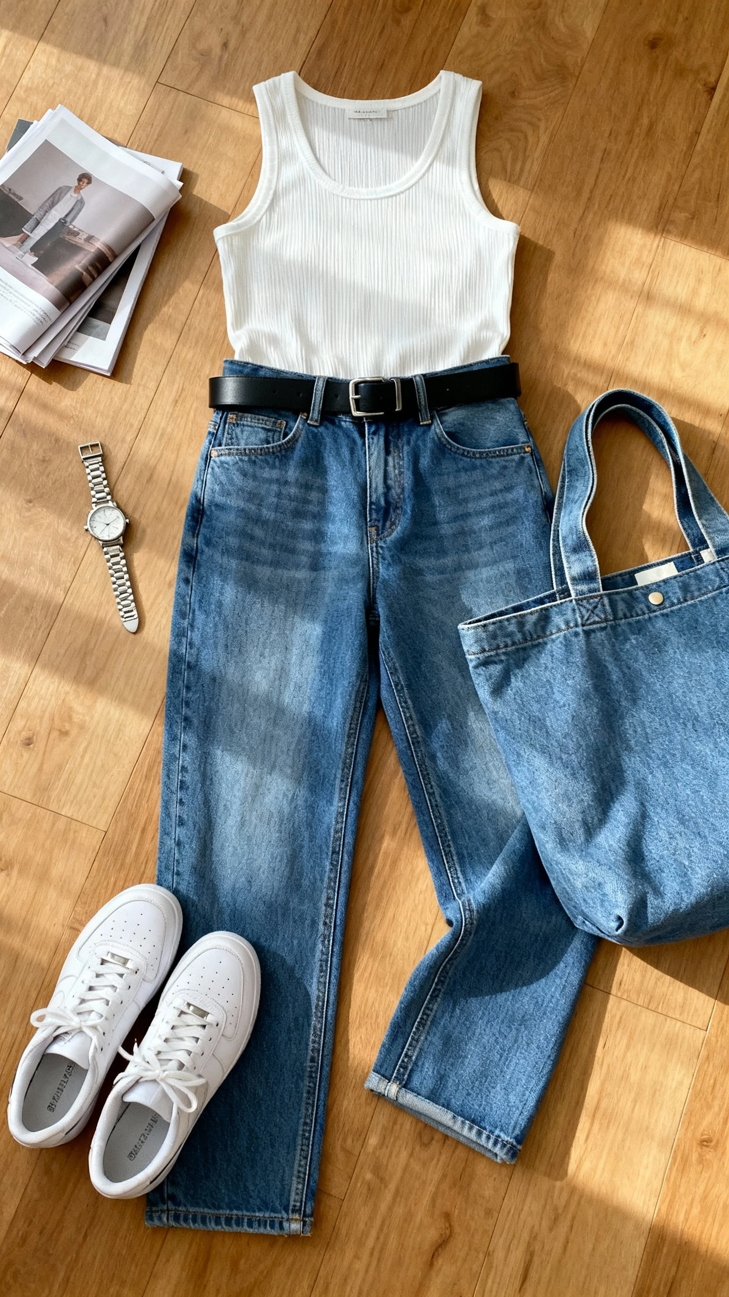 Overhead flat lay of straight-leg mid-blue jeans, white ribbed tank, black belt, white sneakers, and a denim-friendly canvas tote on a wooden floor; silver watch and folded magazine as props, bright natural light, no person visible, clean organized composition, iPhone photo aesthetic.