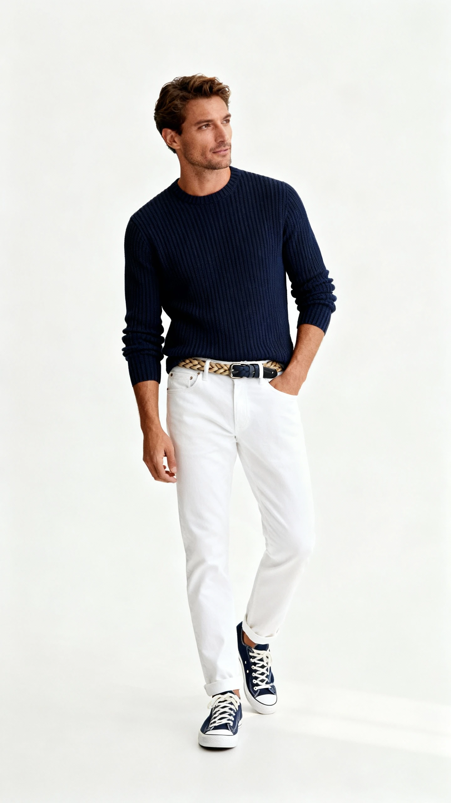 Polished studio photo of a man in a navy fine-gauge knit sweater with crisp white jeans, navy canvas sneakers, and a braided belt; white background, soft studio lighting, casual yacht-club stance, clean composition, editorial.