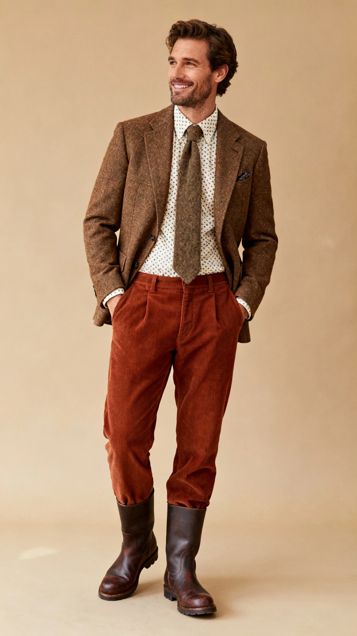 Studio fashion image of a man wearing a brown tweed sport coat over a tattersall shirt, rust corduroy trousers, dark brown country boots, and a wool tie; tan background, soft studio lighting, relaxed countryside vibe, clean composition, high quality.