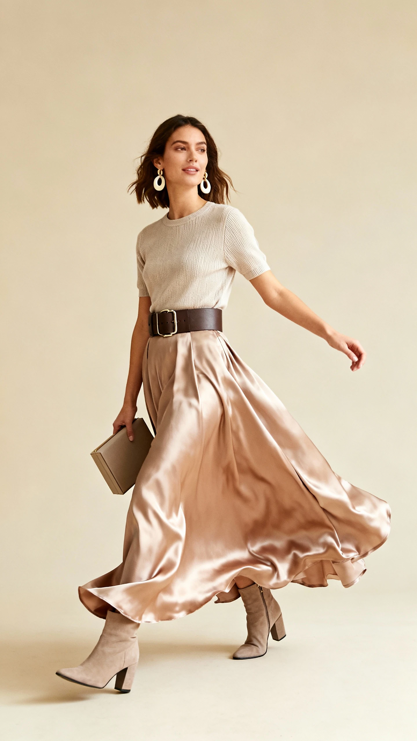 Studio fashion image of a woman in a voluminous satin maxi skirt with a fitted knit tee, a wide waist belt, slim ankle boots, a box clutch, and statement earrings; beige background, soft studio lighting, gentle movement, clean composition.
