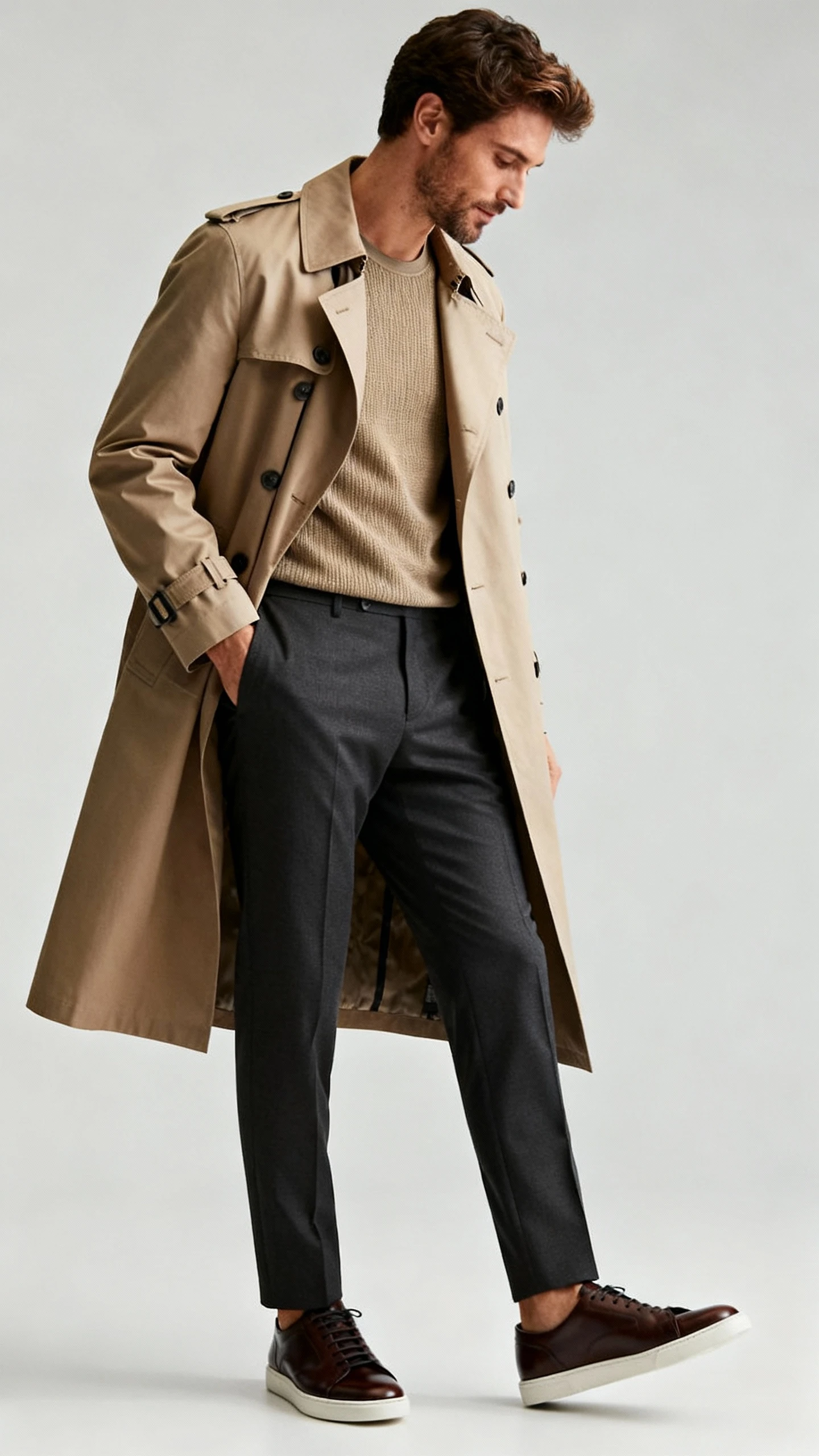 Studio fashion photo of a man wearing a city trench coat over a luxe knit tee and tailored trousers with sleek leather sneakers, light gray background, soft studio lighting, slight three-quarter angle, clean composition.