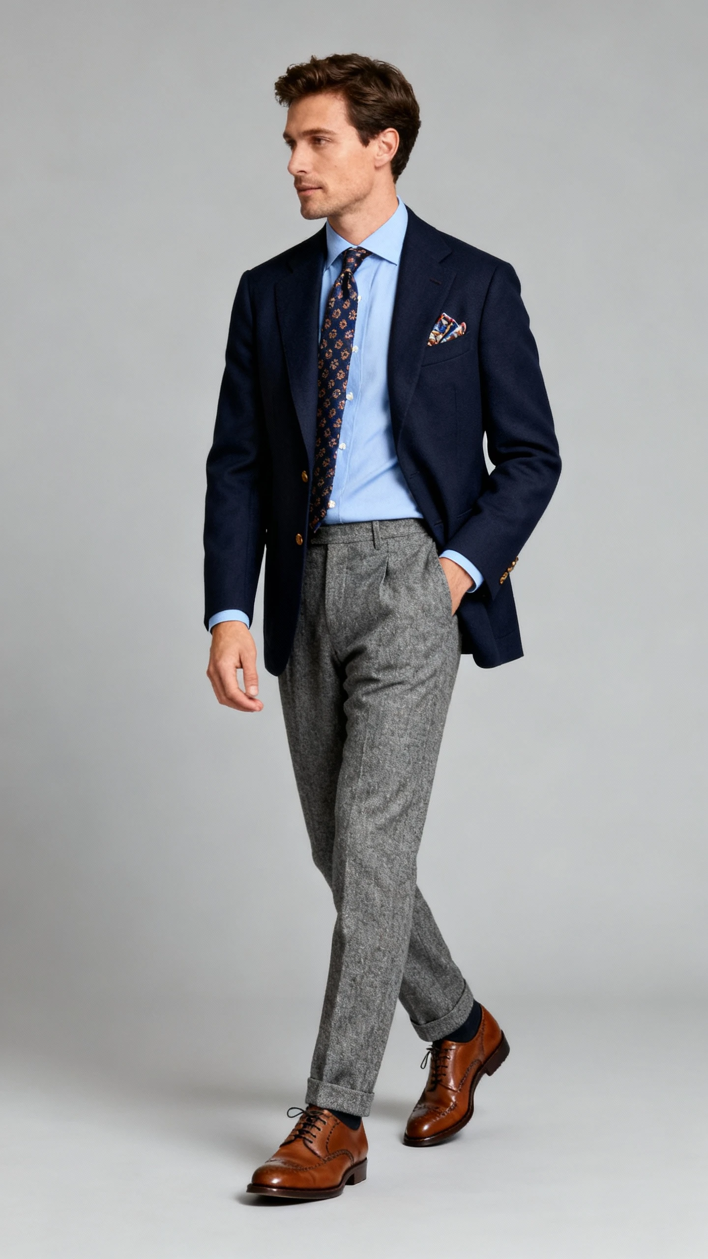 Studio fashion photo of a man wearing a heritage navy blazer over a light blue dress shirt, gray flannel trousers, brown leather brogues, and a subtle patterned silk tie with a pocket square; neutral gray background, soft studio lighting, professional natural pose, clean composition, high quality.
