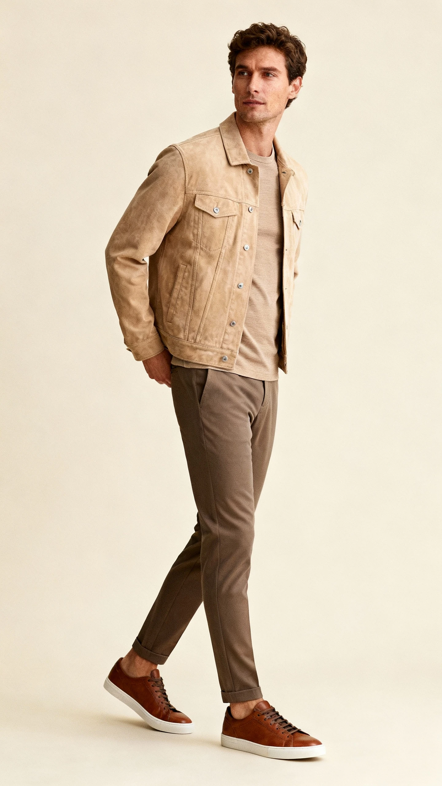 Studio fashion photo of a man wearing a sand suede trucker jacket over a refined Merino tee, sharp tapered trousers, and leather sneakers, cream background, soft studio lighting, natural stance, clean composition.