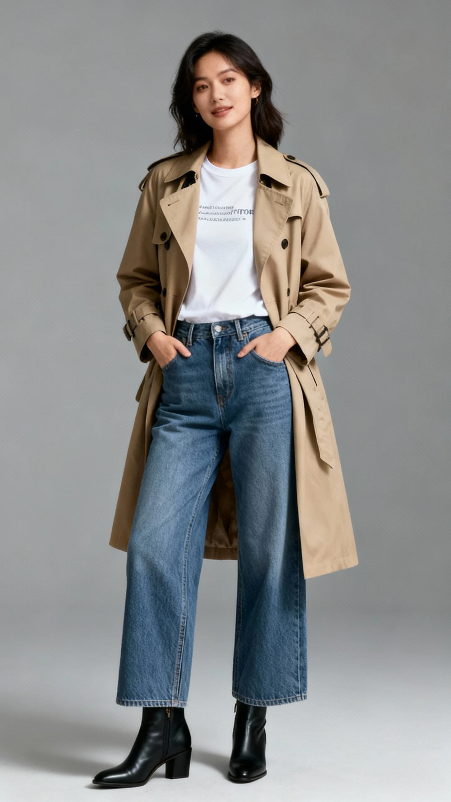 Studio fashion photo of a woman in a classic trench coat over a tee and wide-leg jeans with sleek ankle boots, gray background, soft studio lighting, casual hands-in-pocket pose, clean composition, high quality.