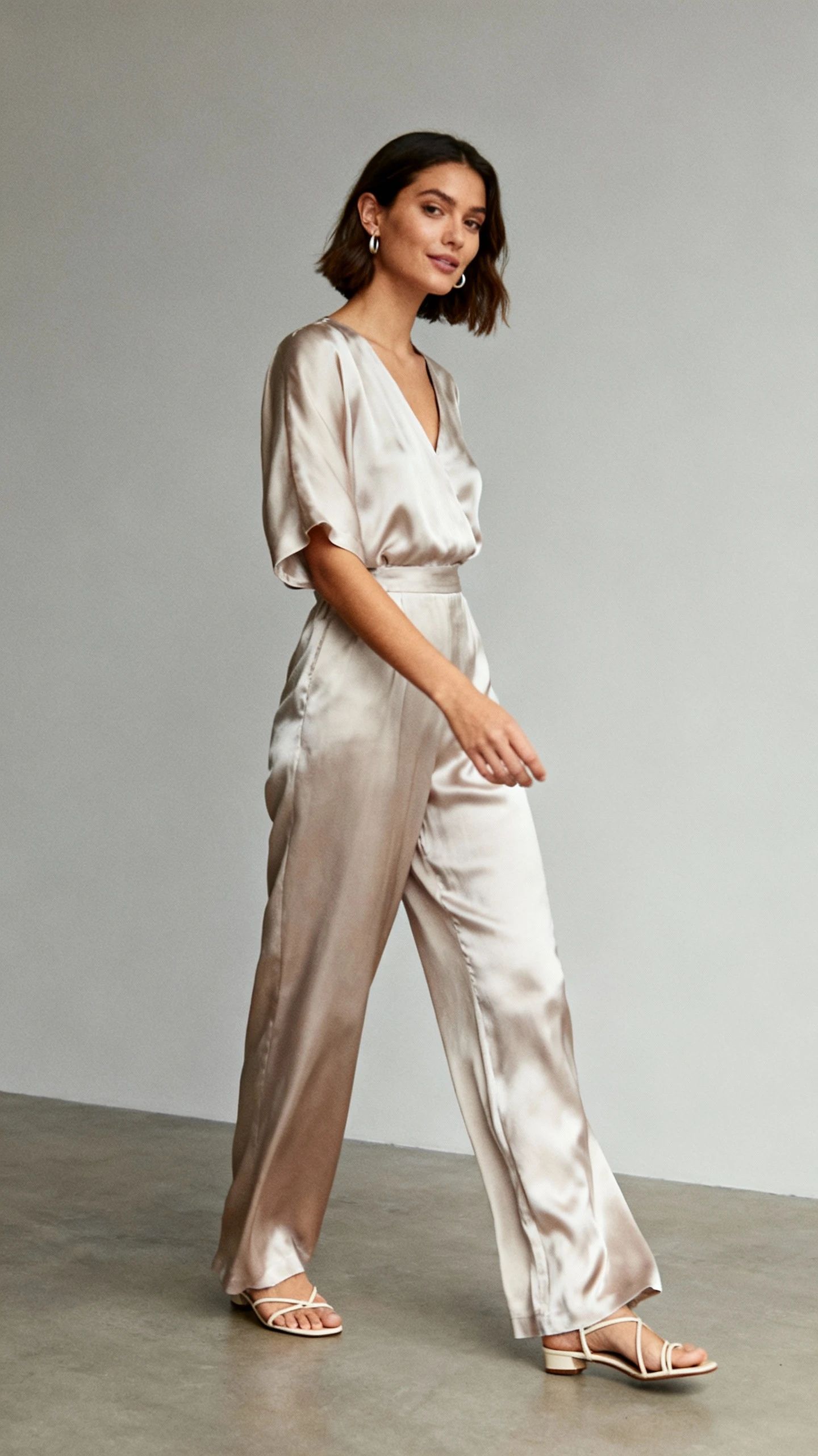 Studio fashion photo of a woman in a fluid silk jumpsuit with subtle sheen, minimal strappy heels and understated earrings, neutral gray background, soft studio lighting, gentle three-quarter pose, clean composition, quietly luxurious.