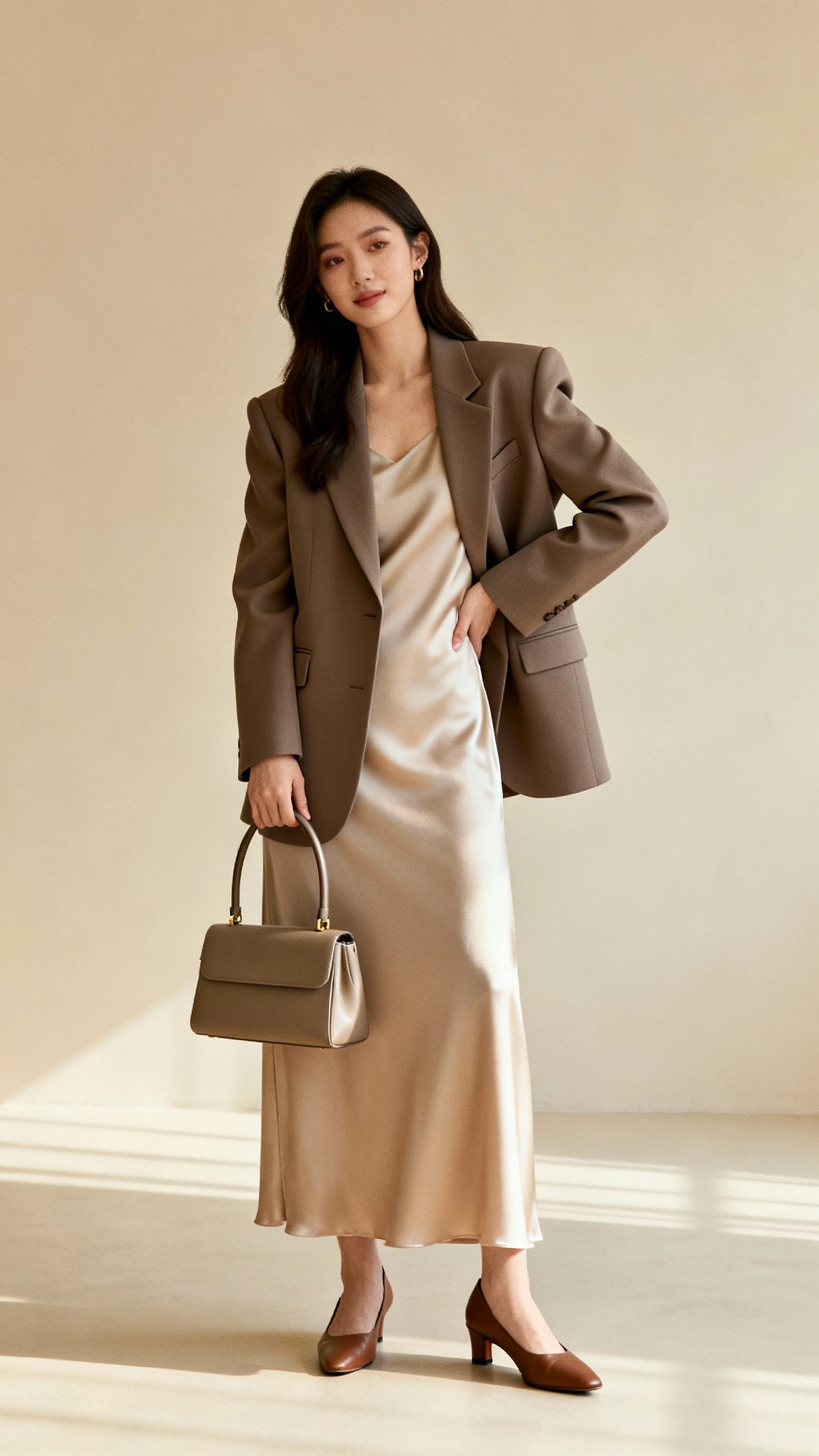Studio fashion photo of a woman wearing a sculpted tailored blazer over a fluid silk column dress with minimal leather pumps and a structured top-handle bag, neutral beige background, soft studio lighting, professional natural pose, clean composition, high quality.