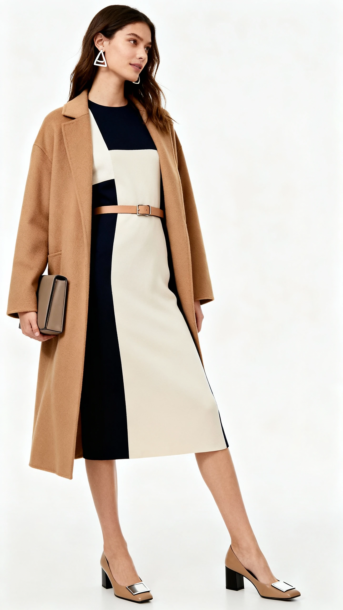 Studio photo of a woman wearing a sleek color-block midi dress, a longline camel coat, square-toe heels, geometric earrings, and a boxy clutch with an optional skinny belt; white background, soft lighting, three-quarter angle, clean composition.