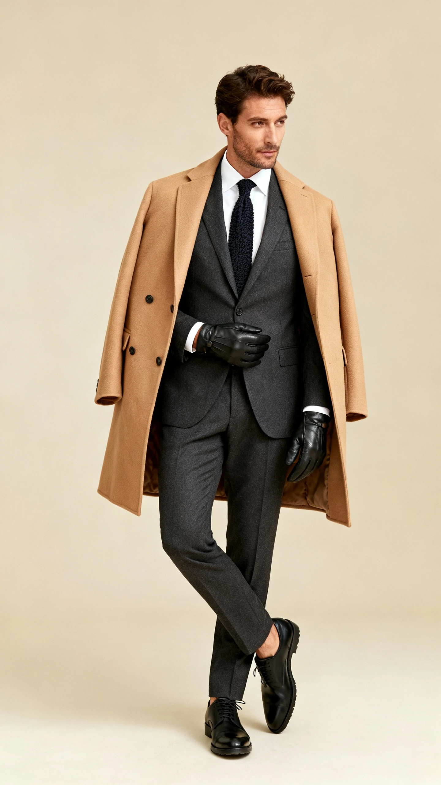 Studio portrait of a man wearing a camel polo coat draped over a charcoal suit, crisp white dress shirt, dark knit tie, black oxford shoes, and leather gloves; neutral beige background, soft studio lighting, confident natural pose, clean composition, polished.