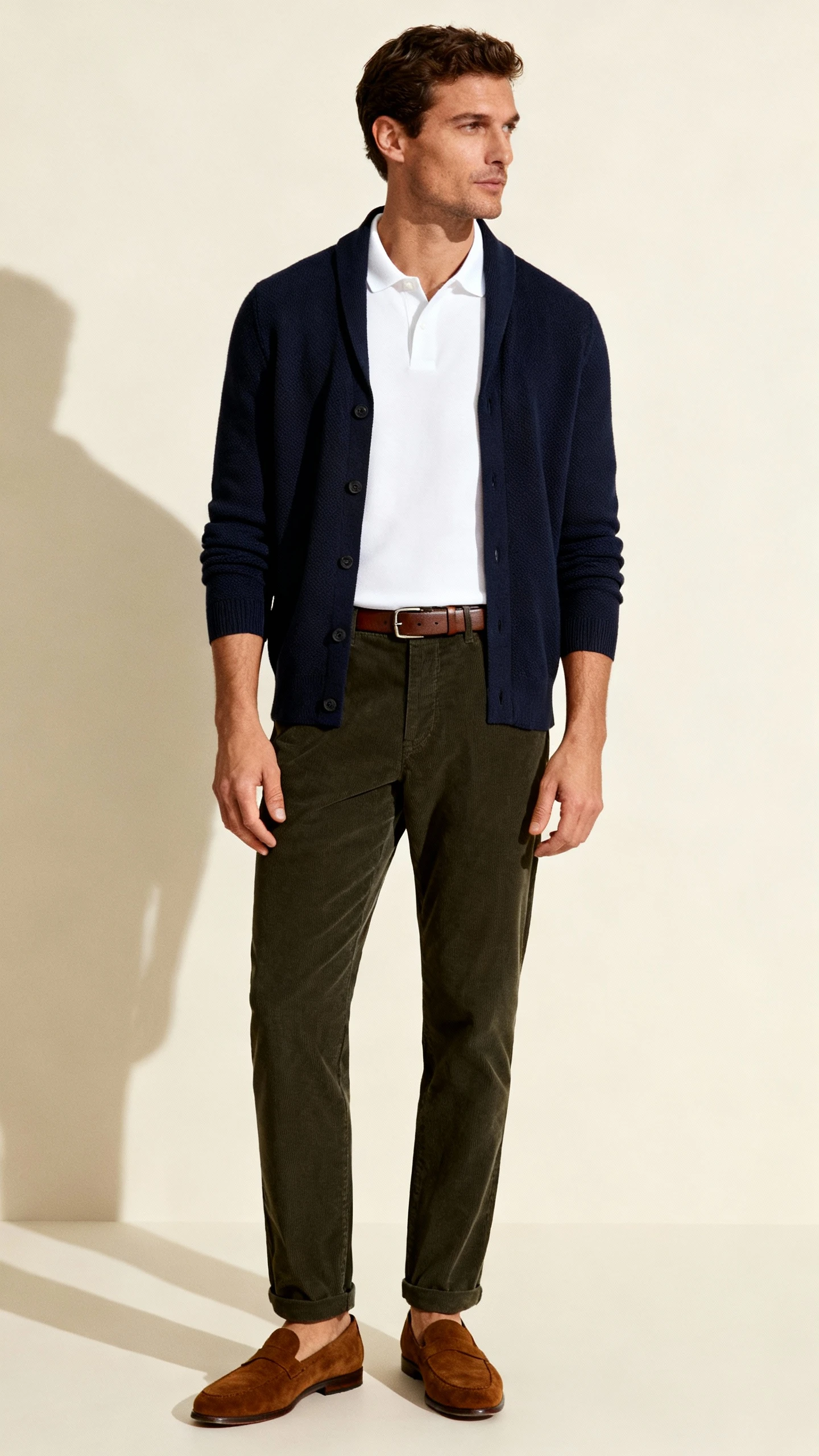 Studio shot of a man wearing a fine-gauge navy cardigan over a white polo shirt, dark olive moleskin trousers, brown suede loafers, and a slim leather belt; cream background, soft studio lighting, natural posture, clean composition, refined.