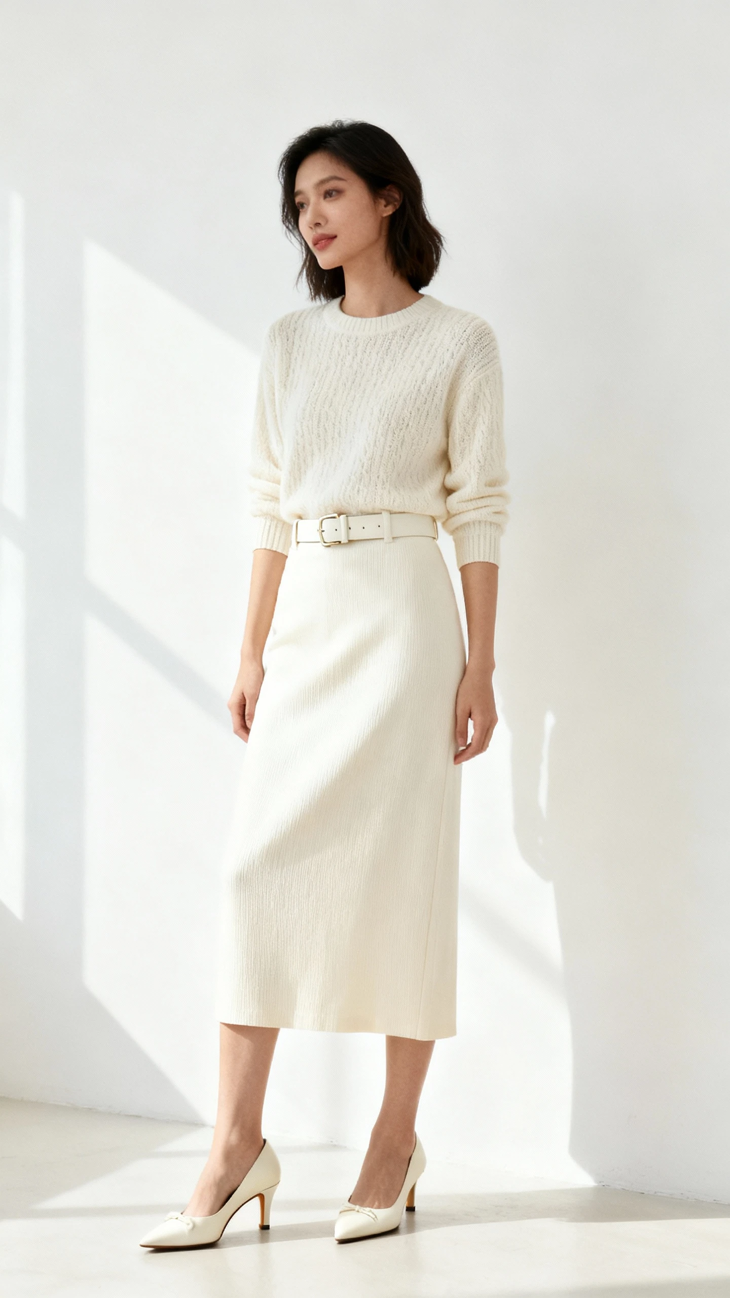 Studio shot of a woman in a head-to-toe cream monochrome column: cream knit top, cream midi skirt, cream belt, and refined cream heels, white background, soft studio lighting, slight three-quarter angle, clean composition, polished finish.