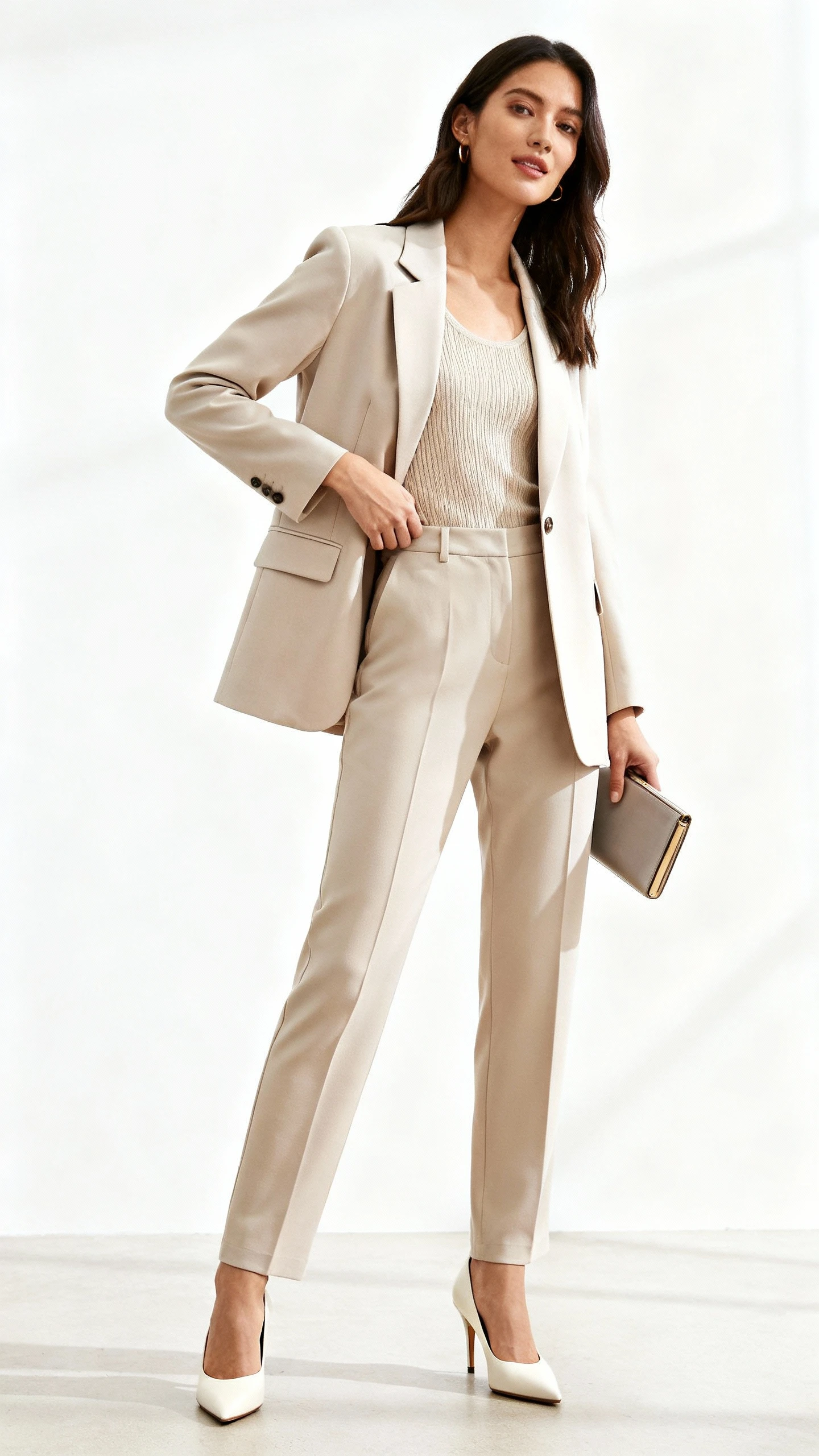 Studio shot of a woman in a luxe minimalist suit (single-breasted blazer and straight-leg trousers) layered over a fine knit shell, with pointed heels and a slim clutch, white background, soft studio lighting, confident relaxed pose, clean composition.
