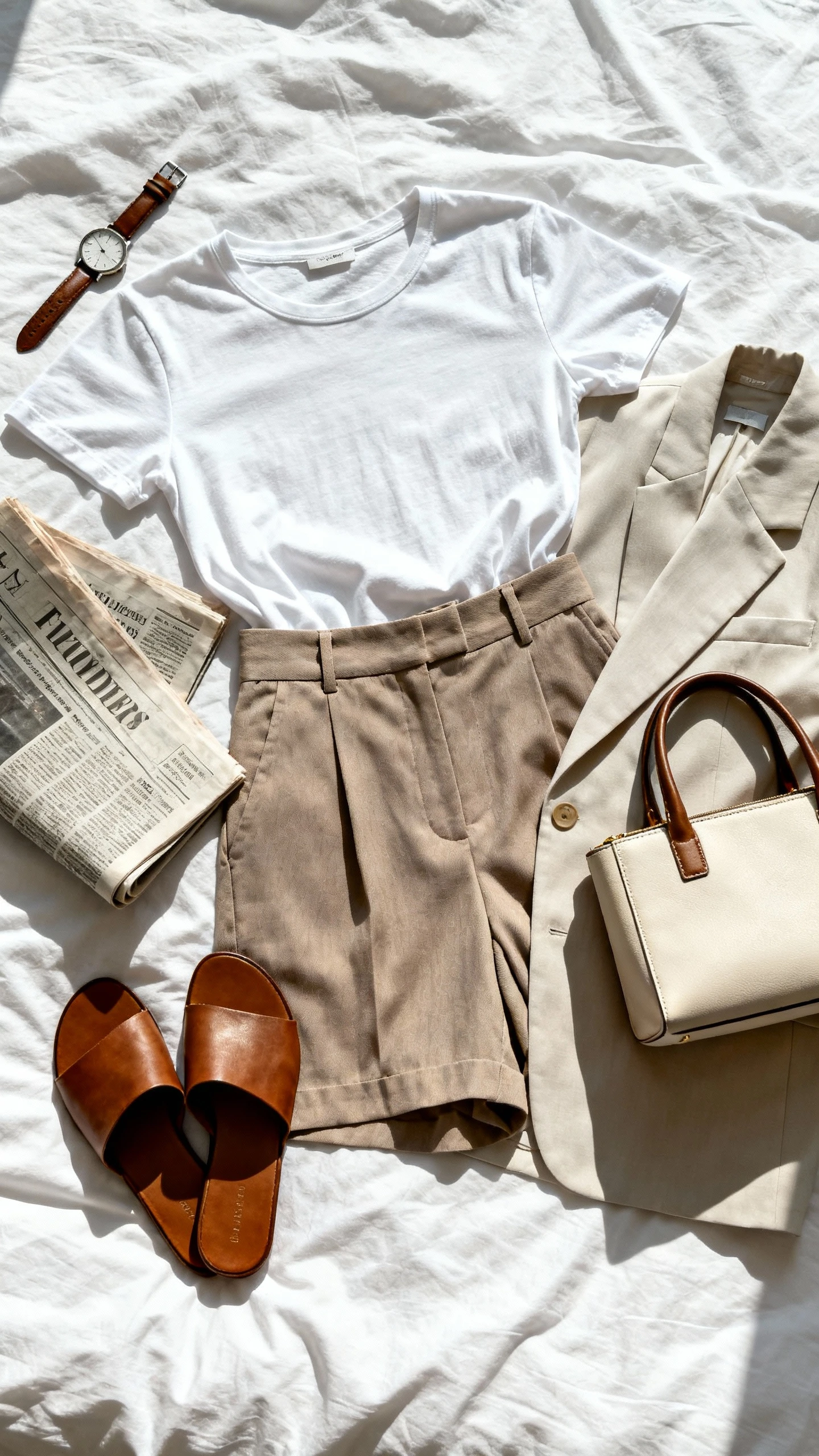 Top-down flat lay of a crisp tee, tailored shorts, lightweight blazer, leather slides, and a structured tote on a white bedspread; include a watch and a folded newspaper, bright natural light, no person visible, organized composition, iPhone photo aesthetic.