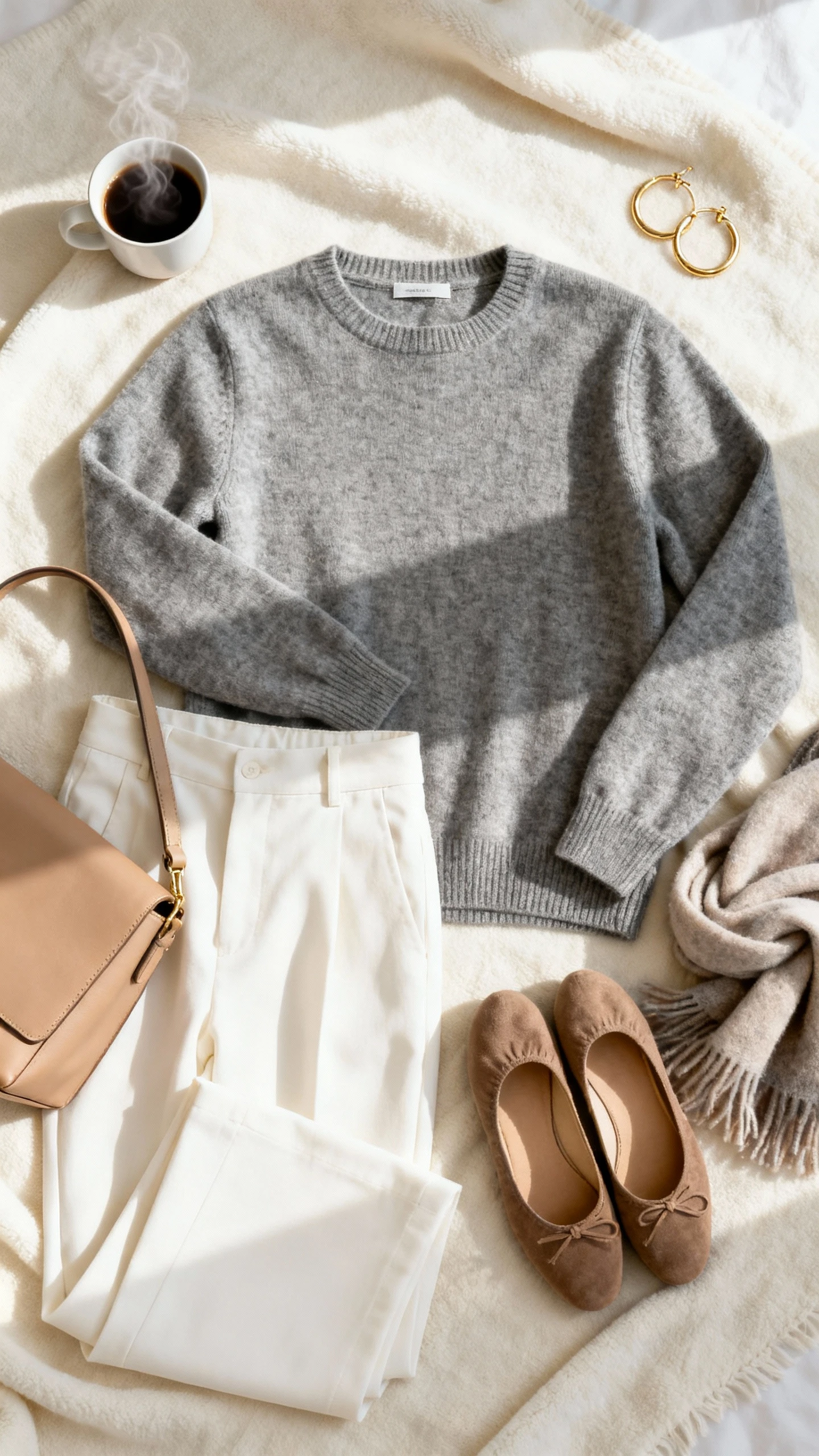 Top-down flat lay of a heather gray cashmere crewneck sweater, ivory wide-leg trousers, suede ballet flats, soft wool scarf, and a minimalist leather tote on a cream blanket; steaming coffee cup and gold hoop earrings as props, bright natural light, no person visible, cozy organized composition, iPhone photo aesthetic.