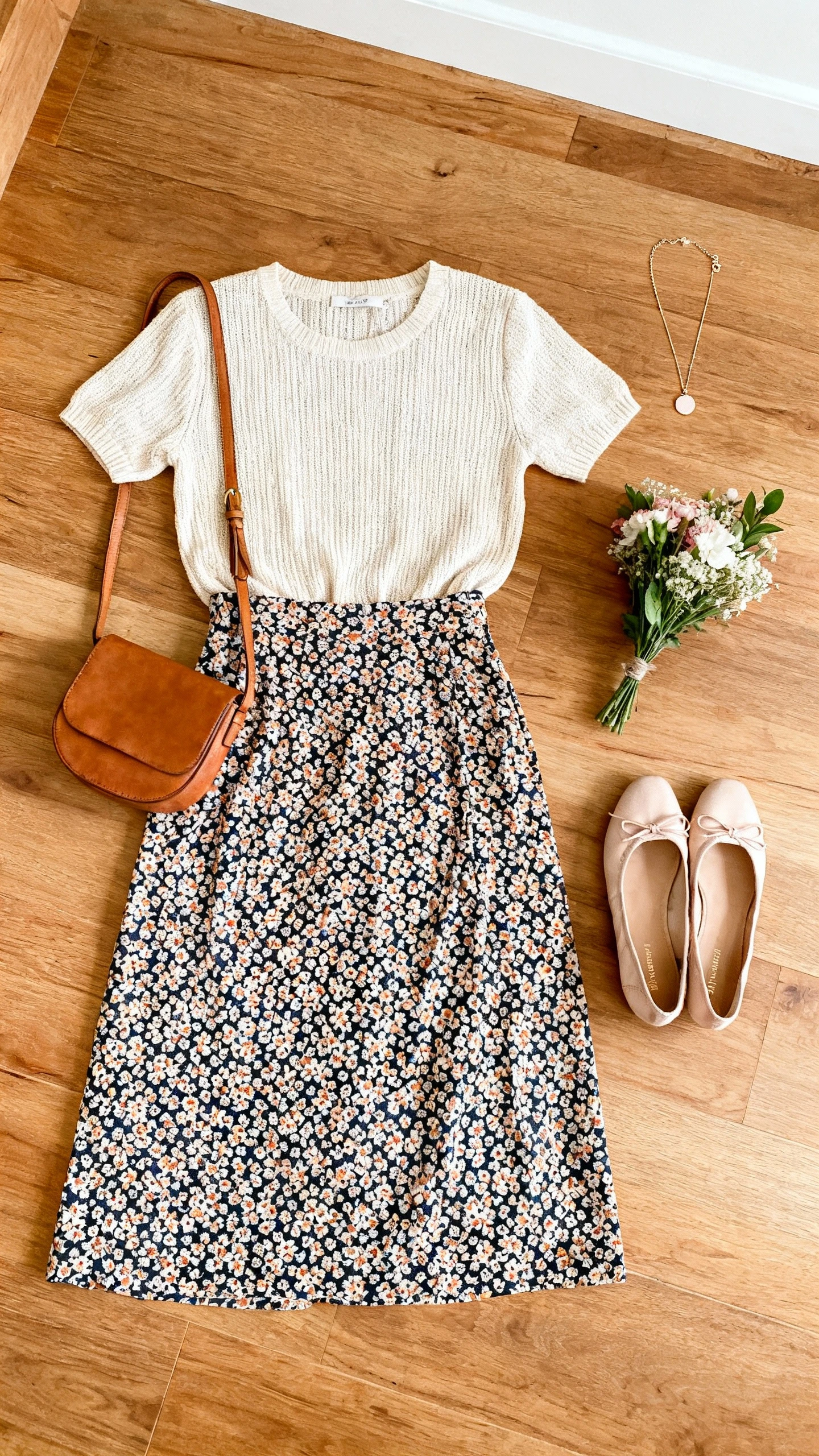 Top-down flat lay of a patterned midi skirt with a solid knit top, ballet flats, and a simple leather crossbody on a wooden floor; include a dainty necklace and a small bouquet, bright natural light, no person visible, organized composition, iPhone photo aesthetic.