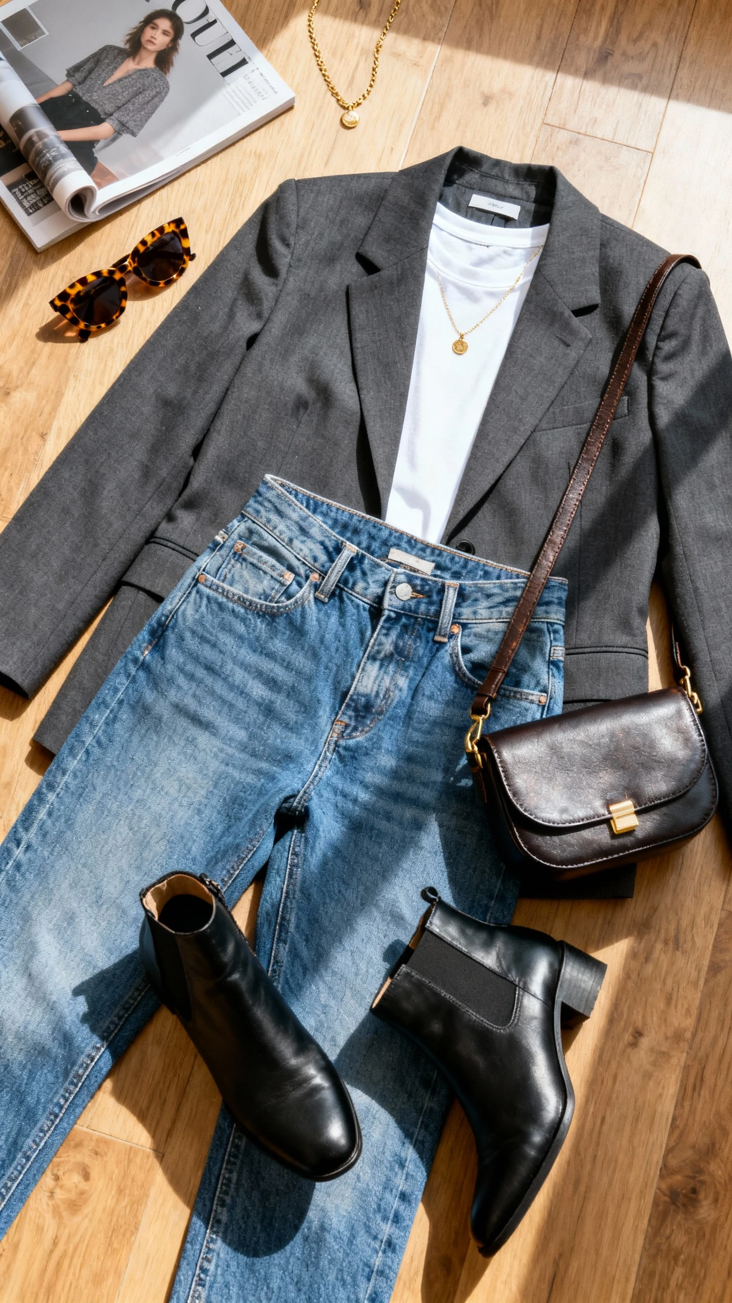 Top-down flat lay of a tailored charcoal blazer, white crewneck tee, high-waisted blue jeans, black ankle boots, leather crossbody bag, and tortoiseshell sunglasses on a wooden floor; fashion magazine and dainty gold necklace as props, bright natural light, no person visible, clean organized composition, iPhone photo aesthetic.