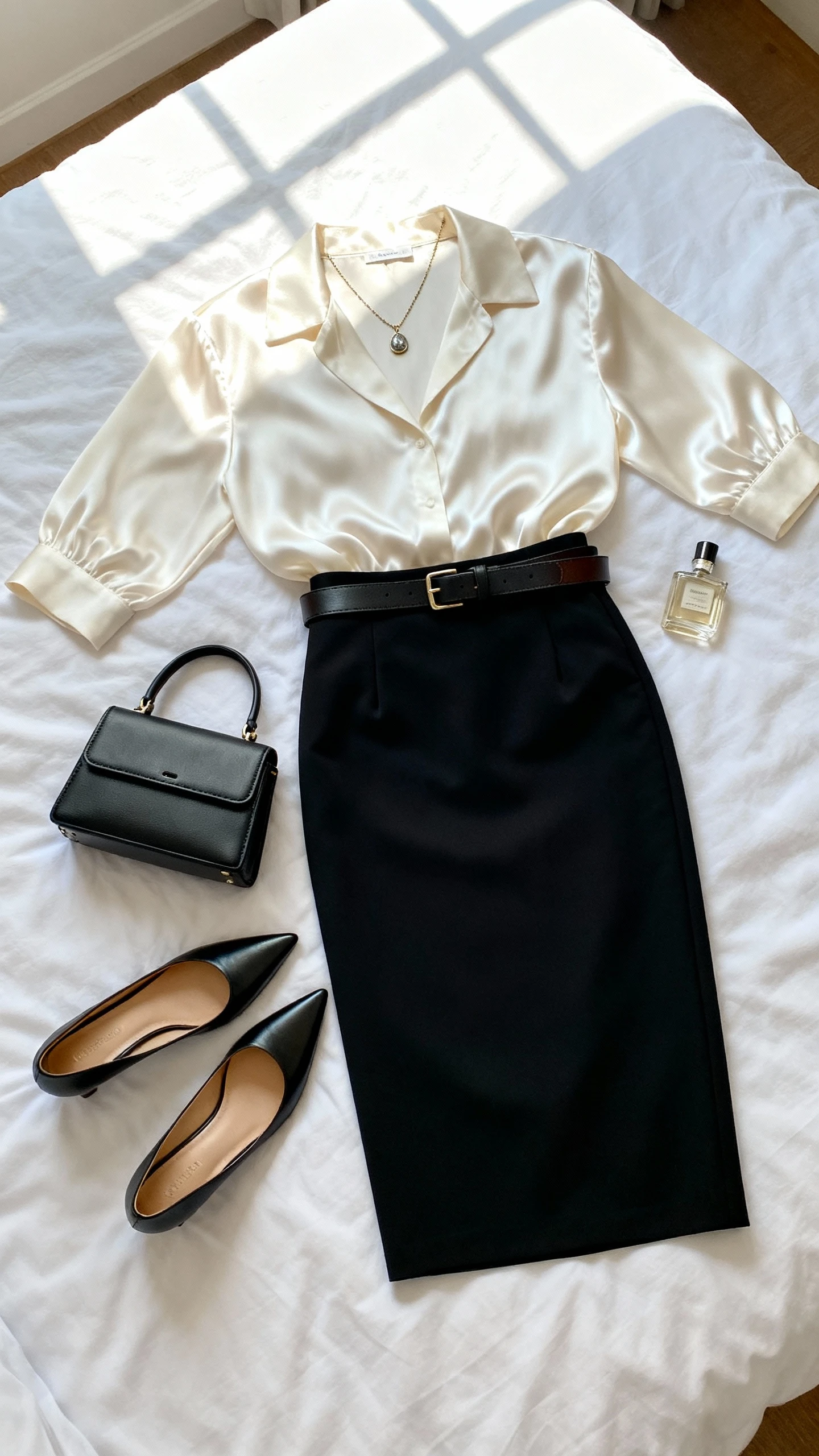Top-down flat lay of an ivory silk blouse, tailored black pencil skirt, pointed-toe pumps, slim leather belt, and a structured mini tote on a white bedspread; delicate pendant necklace and perfume bottle as props, bright natural window light, no person visible, clean organized composition, iPhone photo aesthetic.