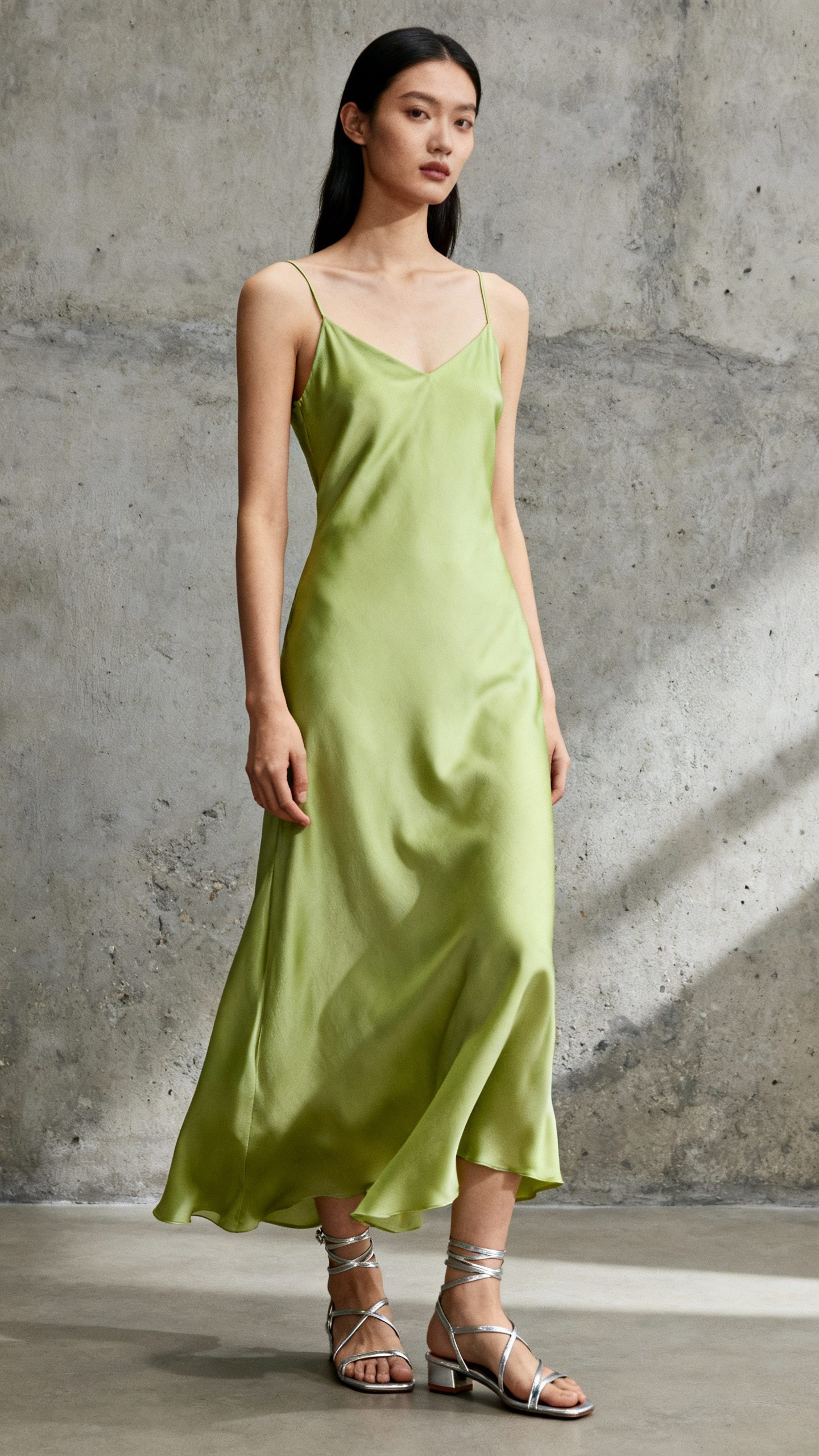 Lime peel slip dress with silver sandals, concrete backdrop