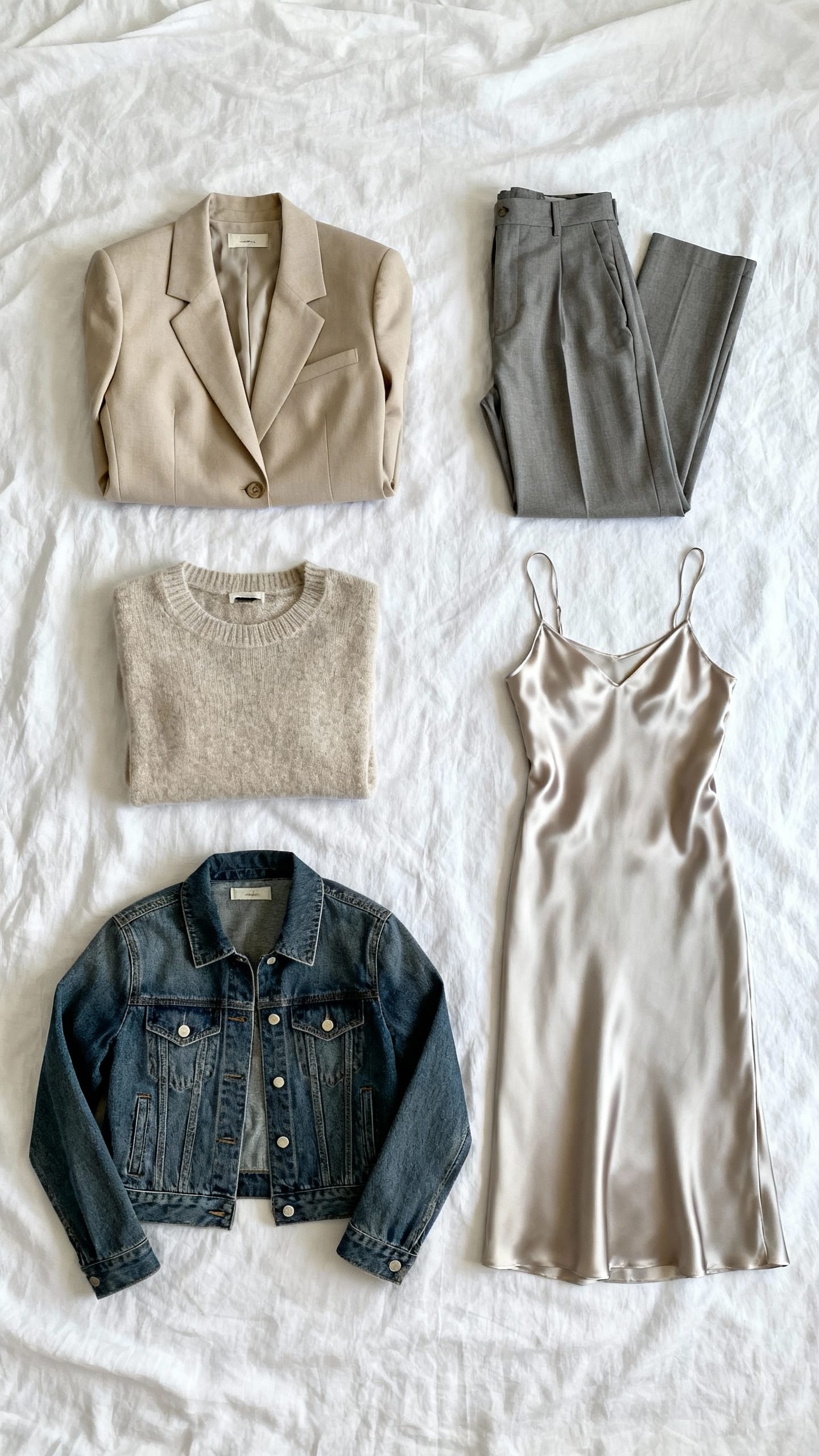neutral capsule wardrobe flatlay on white linen