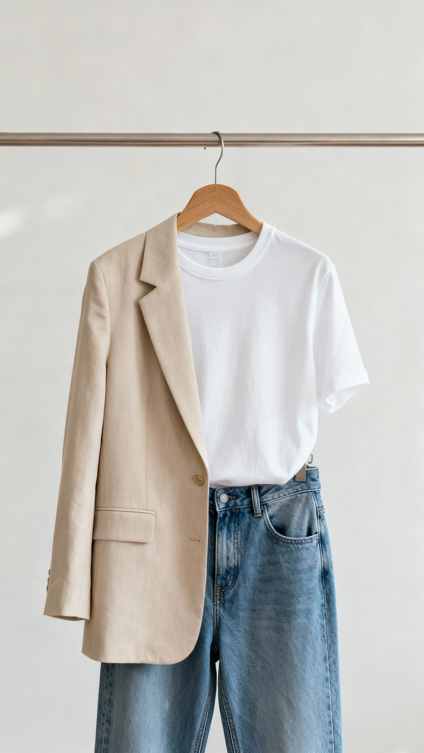 smart-casual outfit on hanger: blazer, tee, jeans