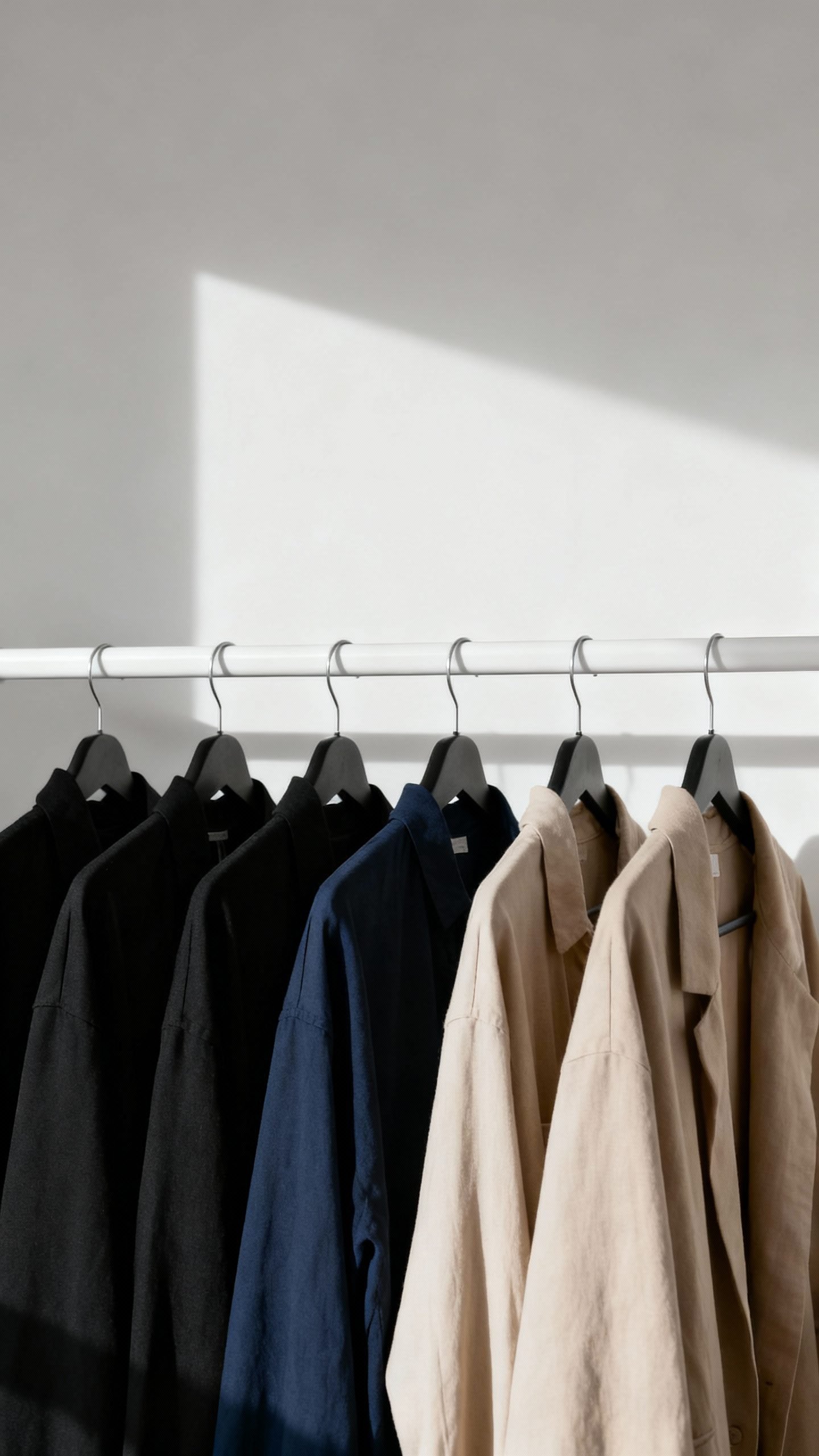 color-coordinated closet rail, black navy beige pieces