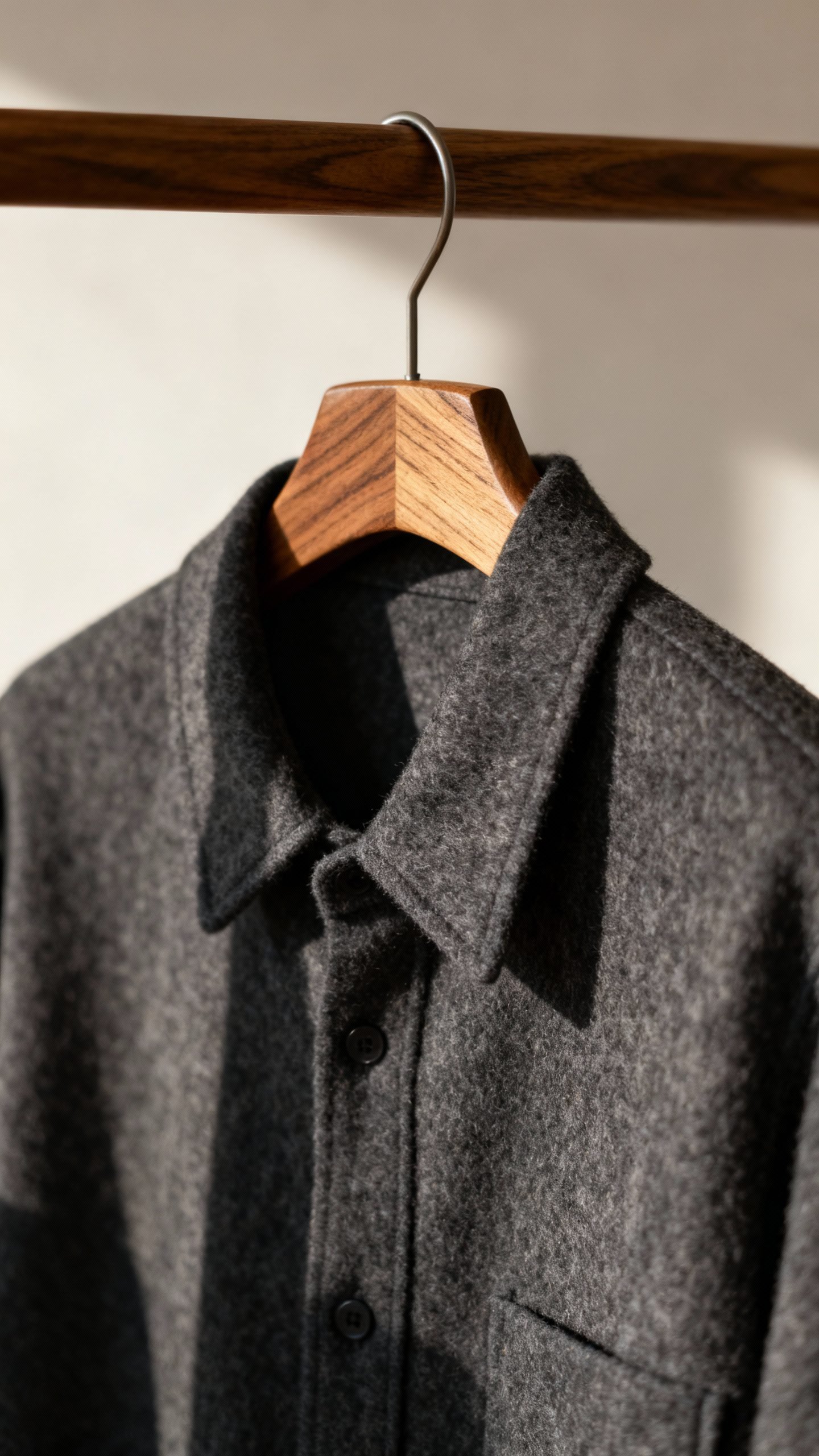 charcoal wool overshirt on oak hanger, soft studio light