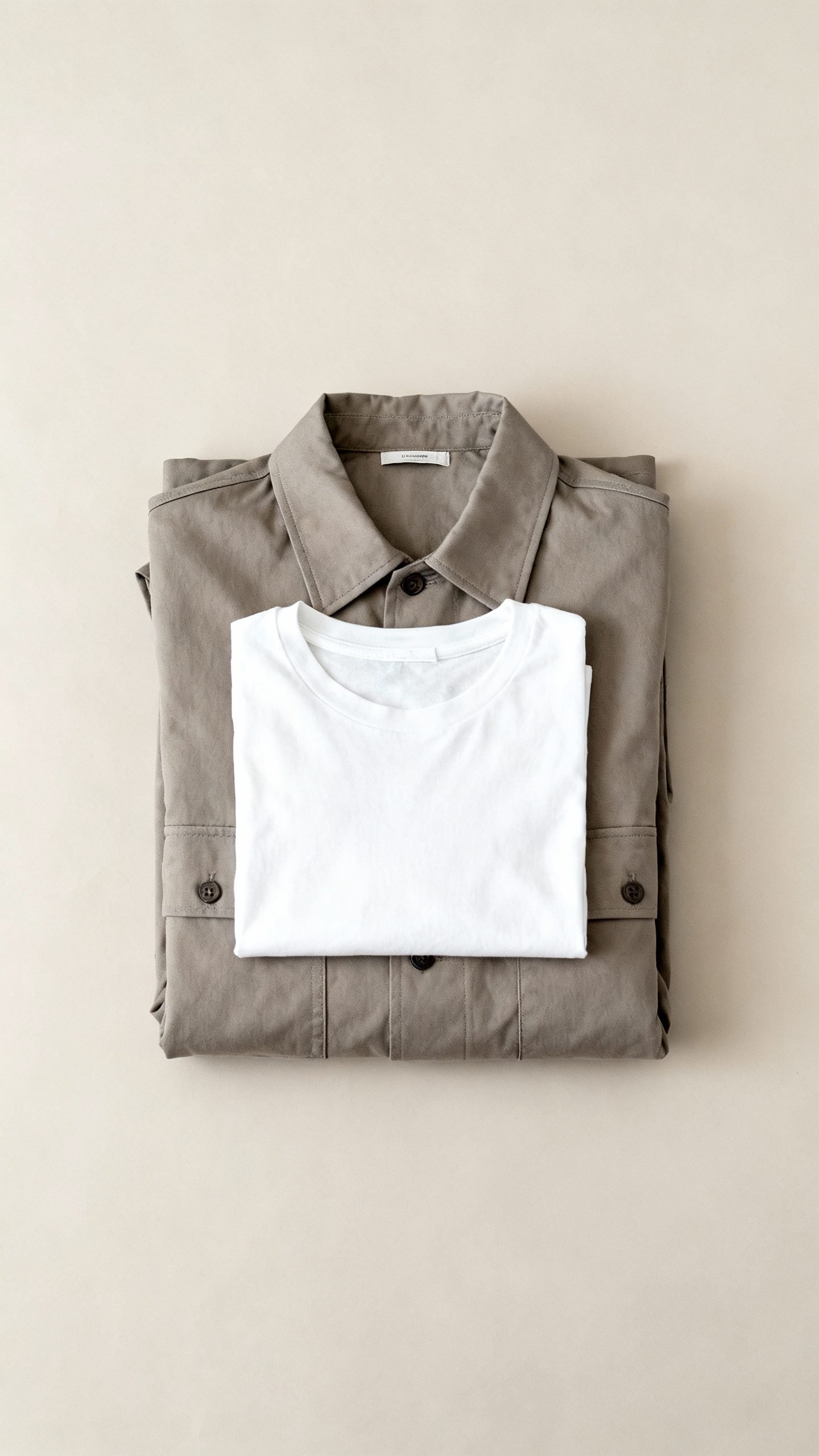 stone chore jacket folded with white tee, clean flatlay