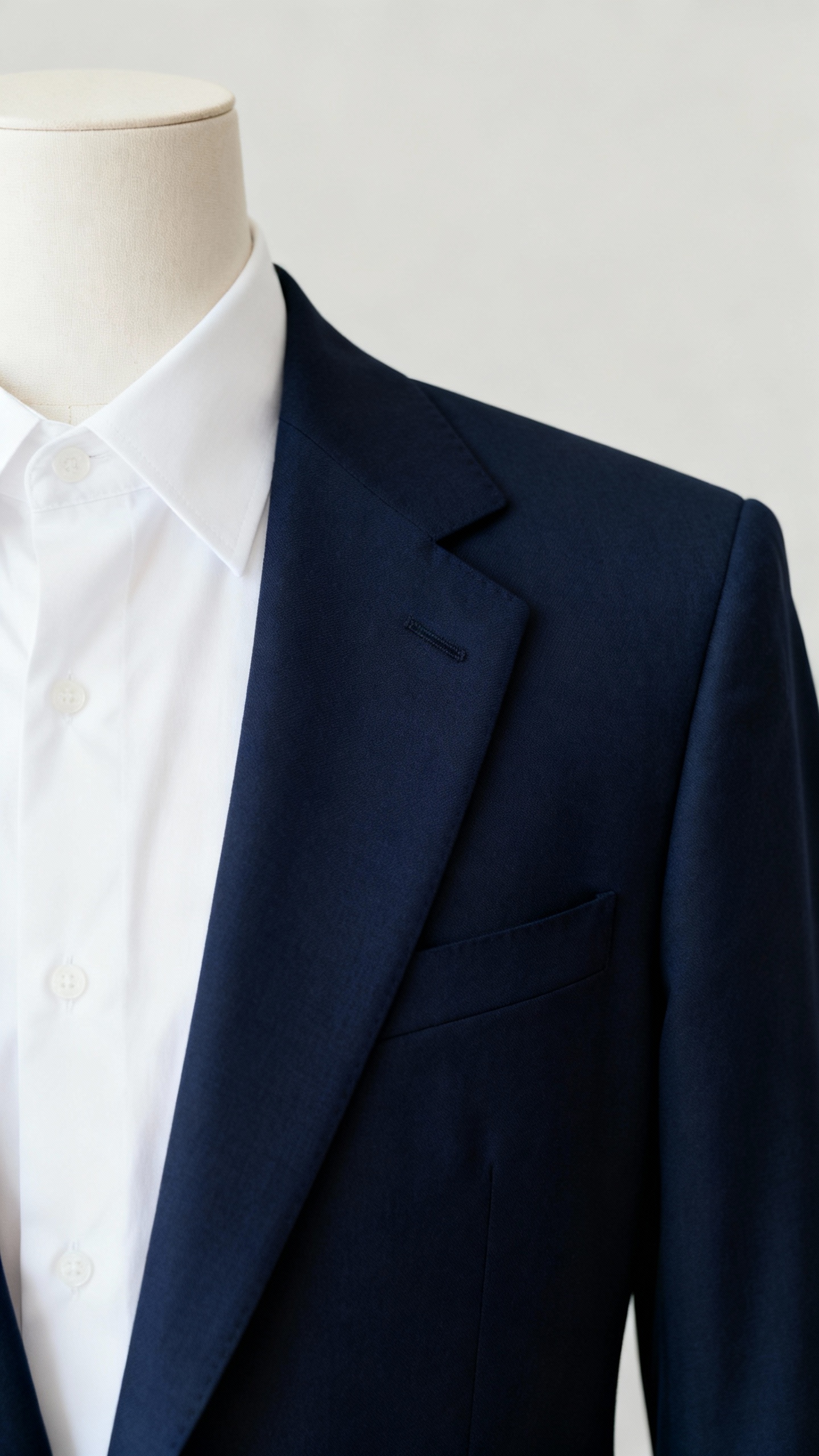 soft-shoulder navy blazer, crisp white shirt, studio lighting