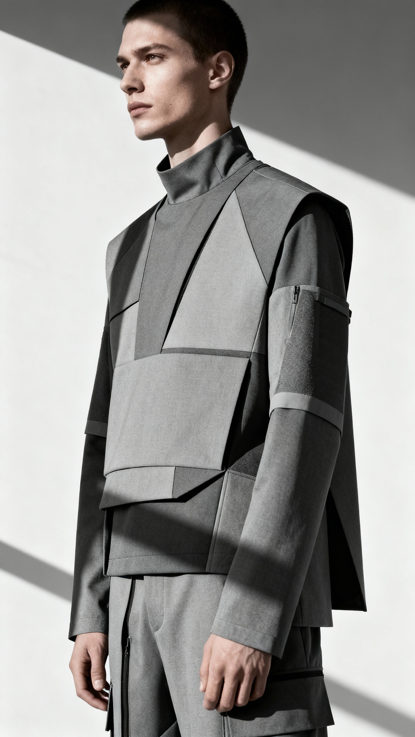 tonal grey modular outfit, technical fabric sheen, seamless backdrop