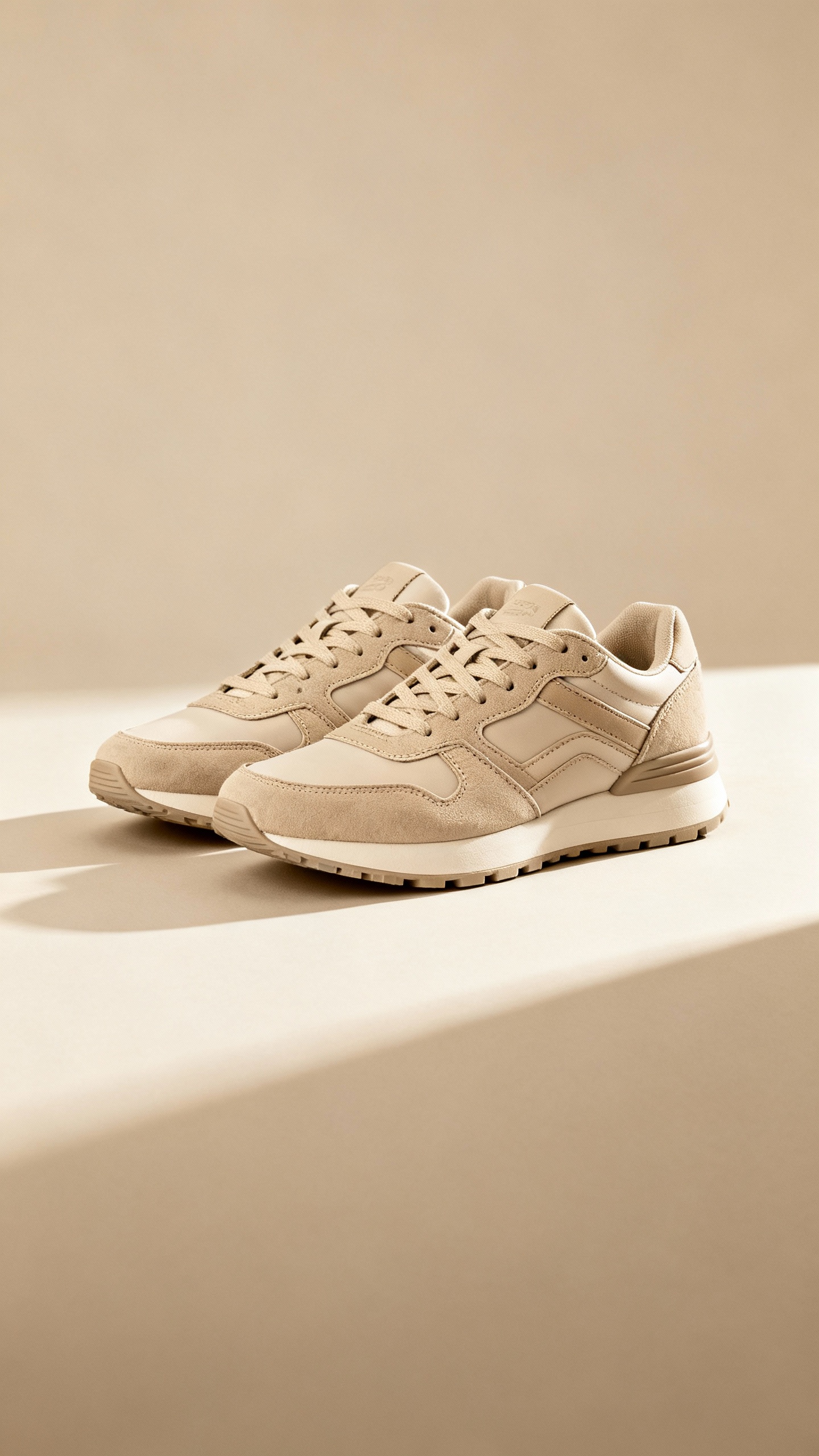 monochrome beige layers, clean sneakers, editorial flat lighting