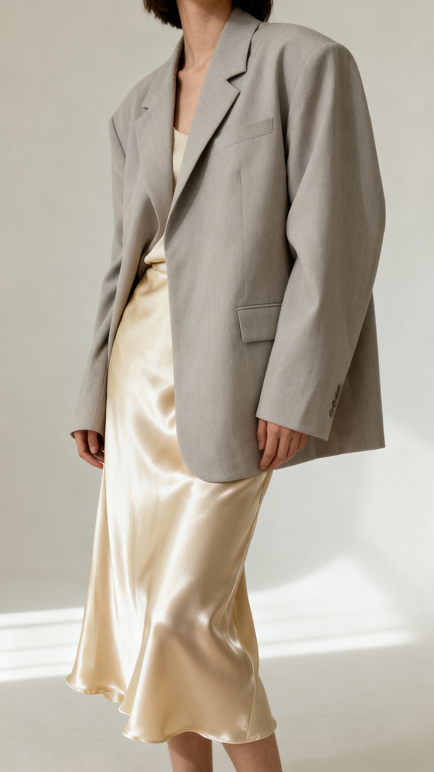 satin skirt with oversized blazer, neutral palette, studio lighting