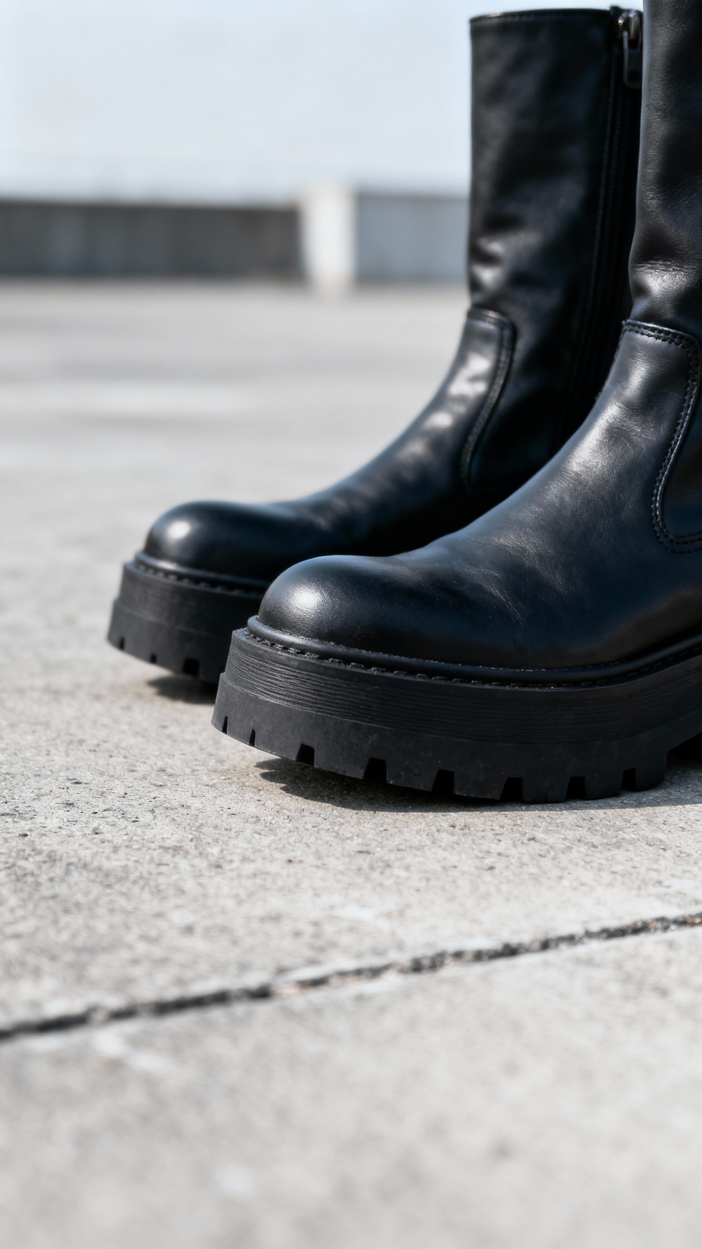 chunky black boots on concrete, daylight, minimal background