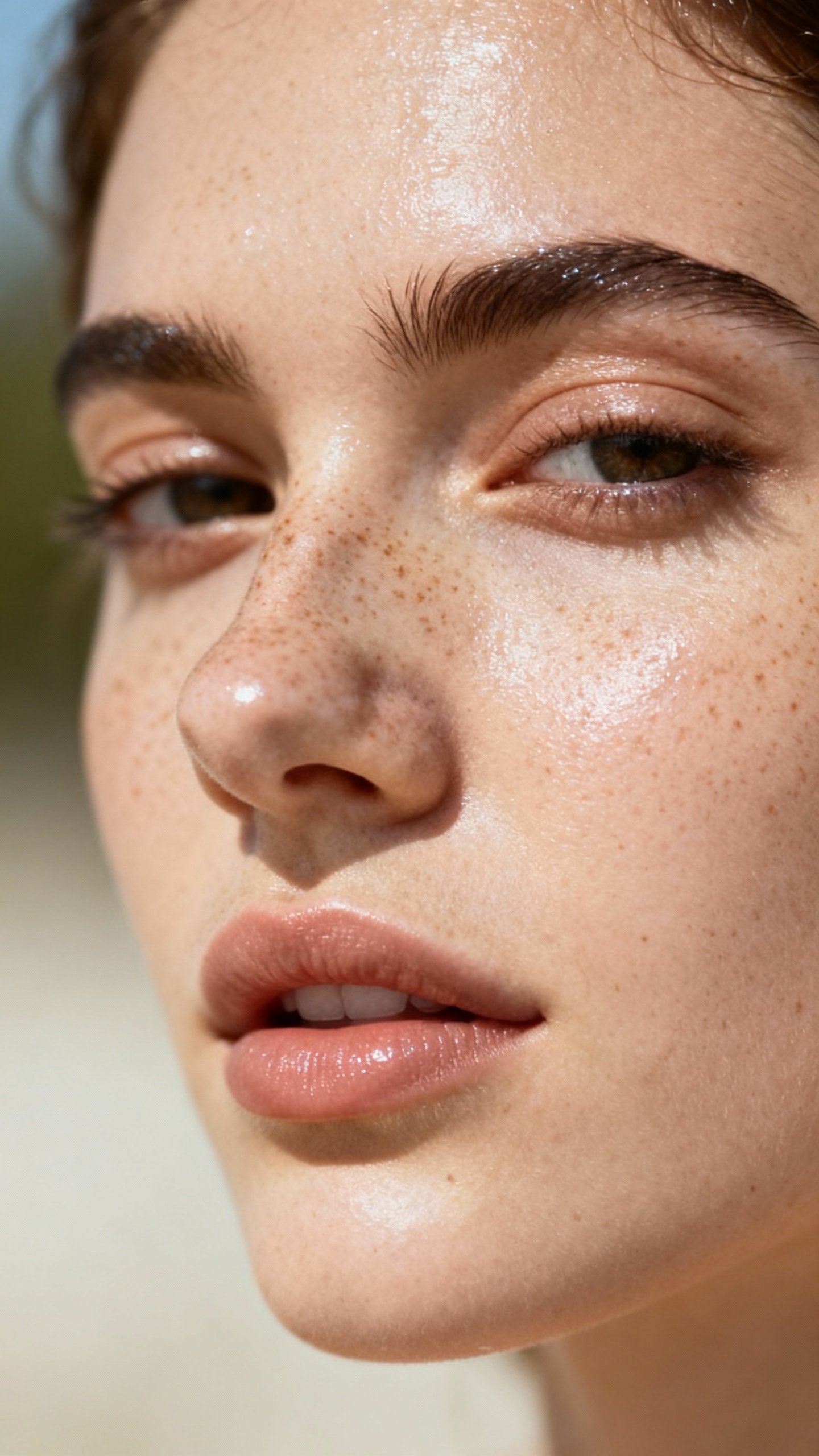 Glazed skin portrait, soft daylight, minimal makeup, visible freckles