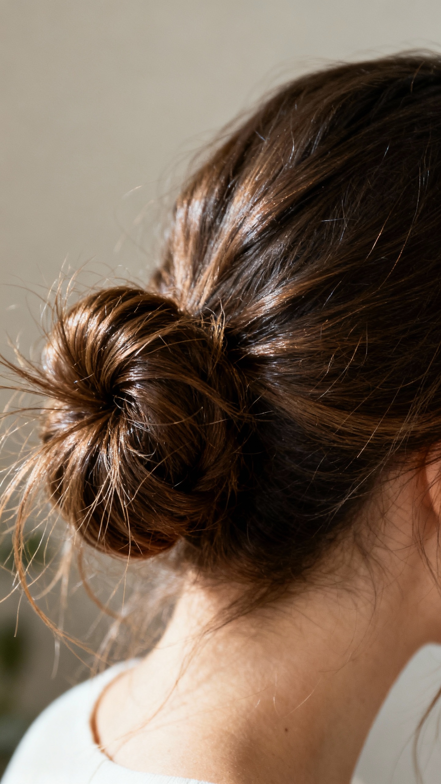 Loose low bun hairstyle, flyaways, natural shine, neutral background